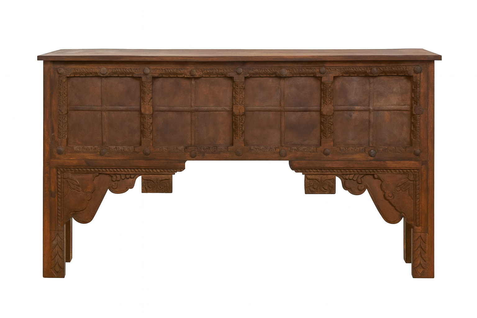 White background image of a teak wood console table made from reclaimed Indian door parts; handcrafted old door furniture, 183 × 90 × 43 cm.