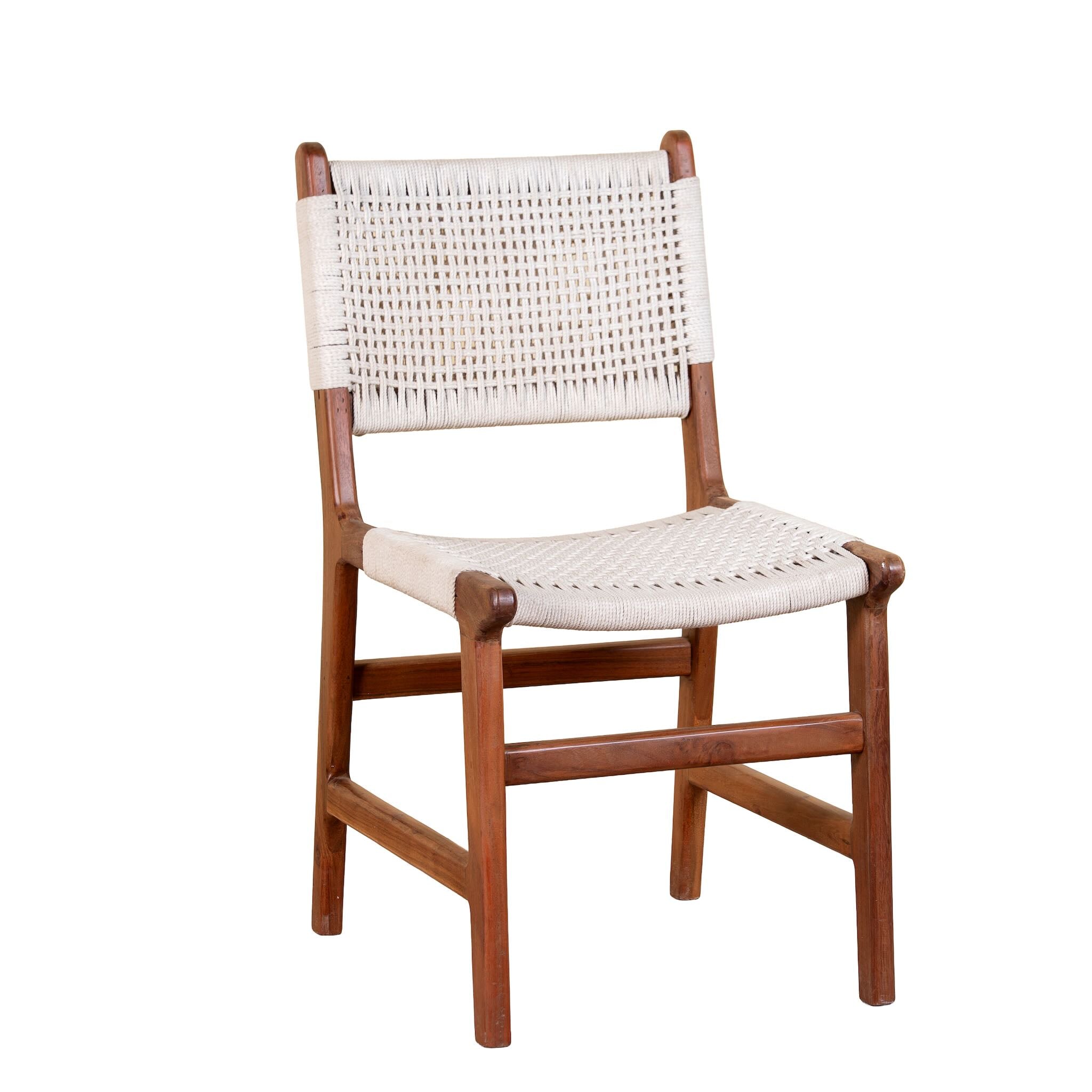 White background image of a Dwaraka Acacia wood chair with hand-woven cotton rope seat and backrest—an elegant piece of wooden seating and part of our artisan acacia wood chairs collection.