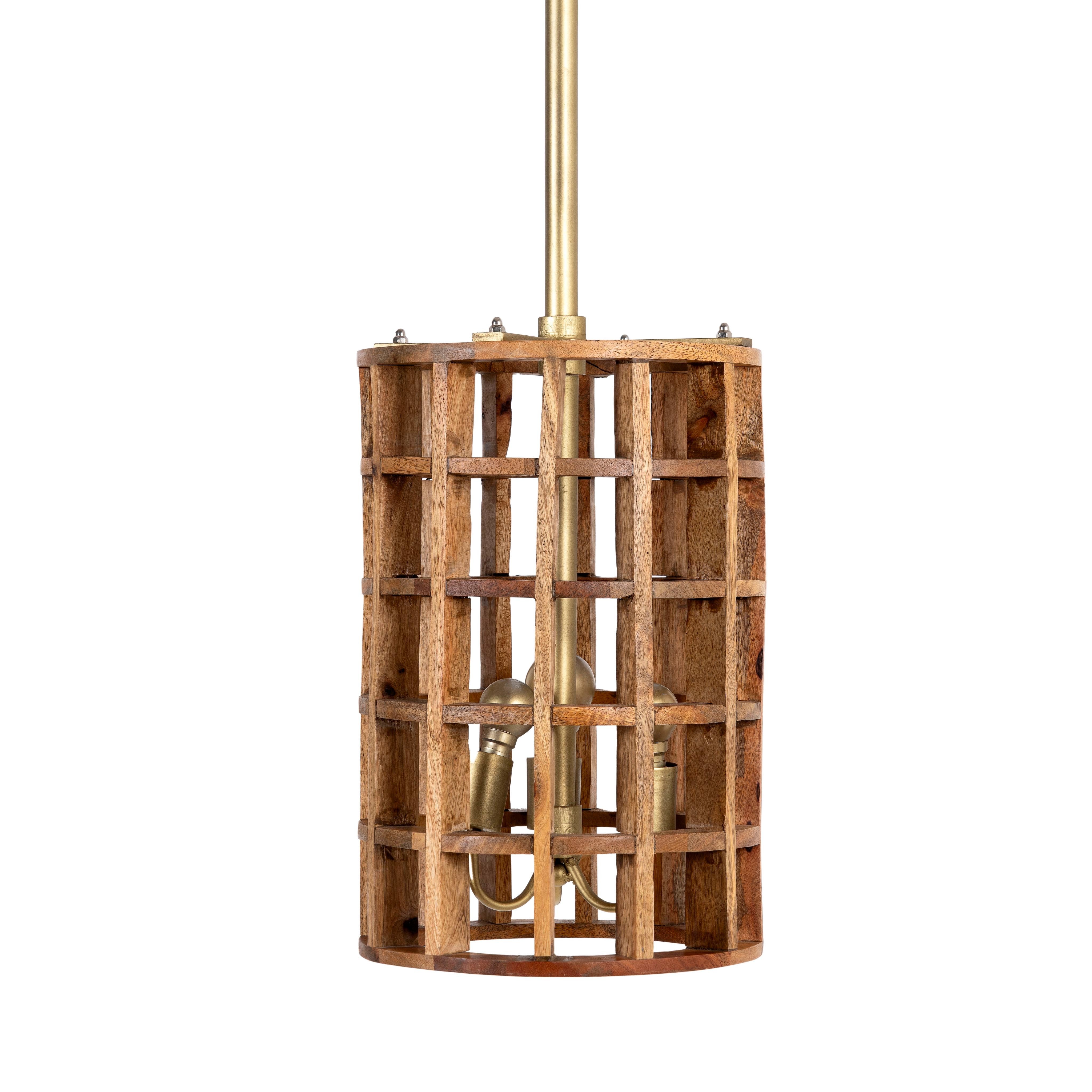 White background image of a wooden vintage ceiling lamp made of natural mango wood with brass-clad edges and a grid design – elegant mango wood lighting for kitchens, dining rooms, or living spaces.