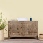 Reclaimed wood sideboard made from antique teak doors with carved detailing; teak furniture, 134 × 37 × 82 cm.