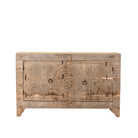 White background image of a reclaimed wood sideboard made from antique teak doors with carved detailing; teak furniture, 134 × 37 × 82 cm.