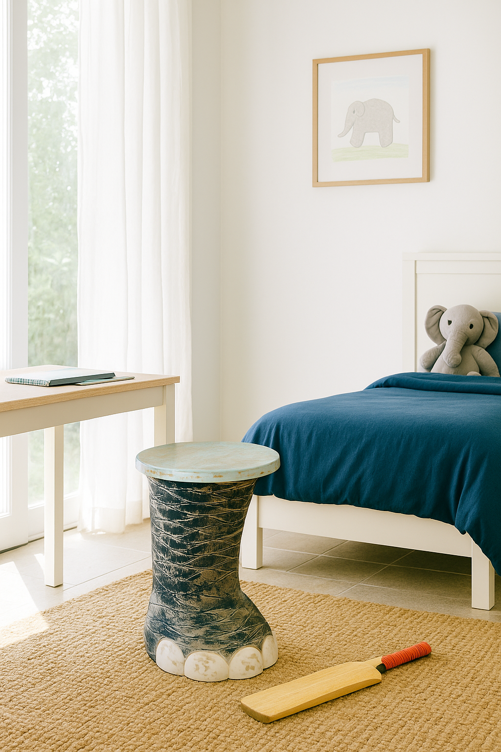 Lifestyle image of a hand-carved wooden Elephant chair made from recycled wood – a unique piece of carved animal furniture perfect for vintage home decor and playful interiors.