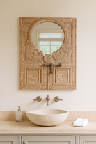 Lifestyle imagination of a handcarved teak wood mirror made from an antique Indian window frame with brass lock; unique wooden furniture, 60 × 70 cm.