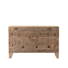 White background image of a reclaimed wood sideboard made from antique teak doors with carved detailing; teak furniture, 130 × 38 × 83 cm.