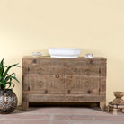 Reclaimed wood sideboard Etasha made from antique teak doors with carved detailing; teak furniture, 130 × 38 × 83 cm.