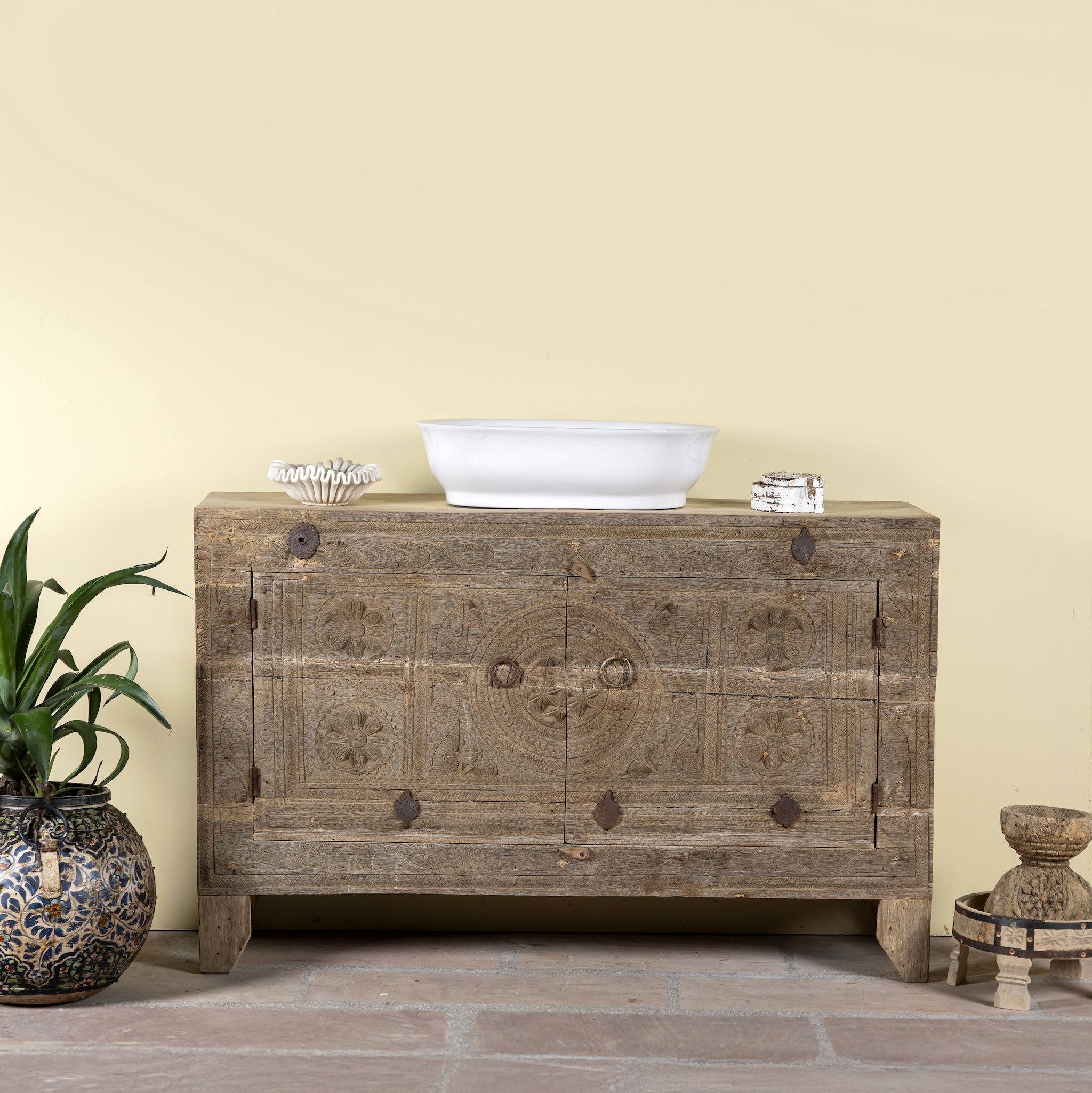 Reclaimed wood sideboard Etasha made from antique teak doors with carved detailing; teak furniture, 130 × 38 × 83 cm.