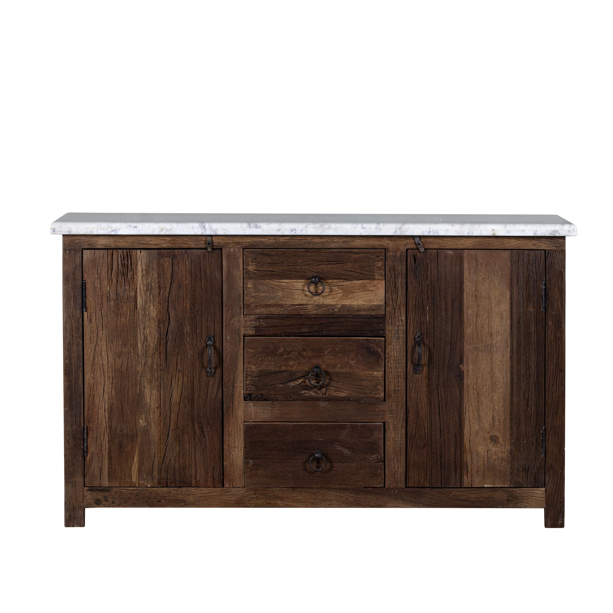 White background picture of a driftwood sideboard with iron handles, 3 drawers and 2 doors and a slidable marble top in a maritime scene.