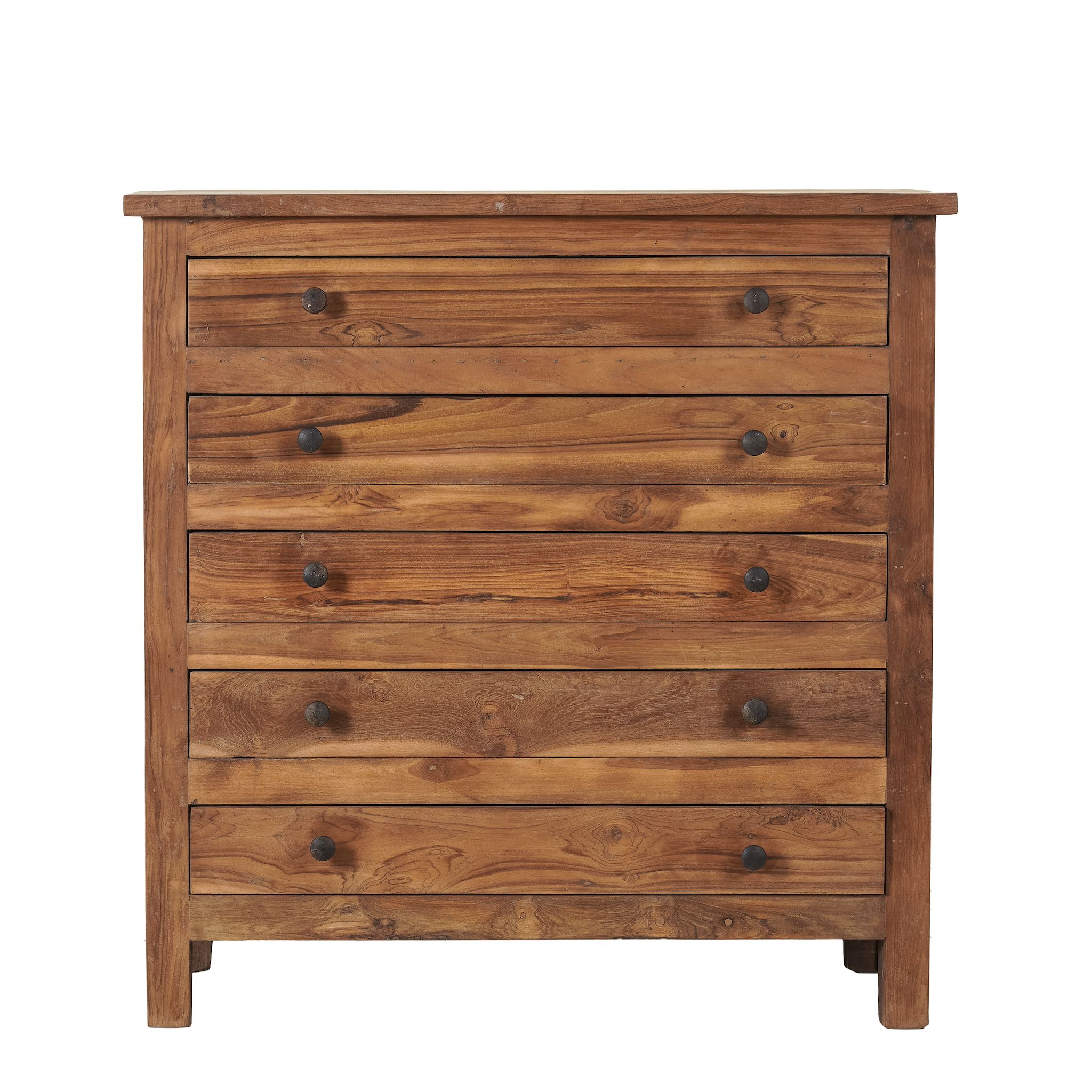 White background view of a chest of drawers made from reclaimed teak wood, featuring a minimalist design with five spacious drawers and a warm natural finish — ideal for rustic and modern interiors.