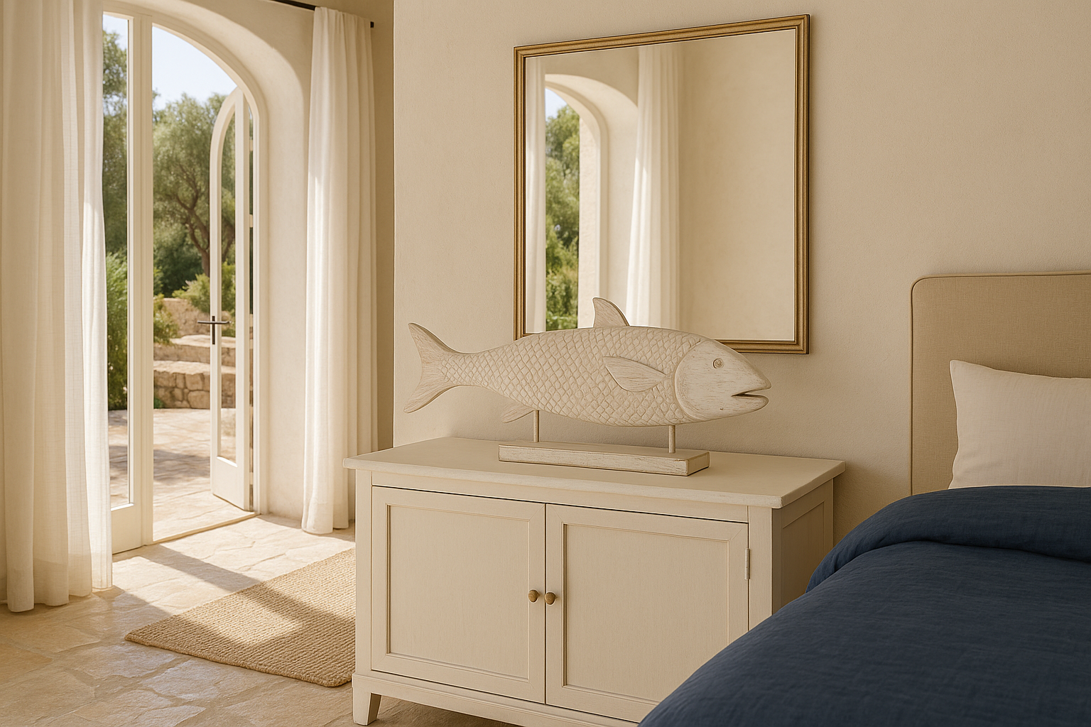 Lifestyle image of a hand-carved fish sculpture made from reclaimed teak wood – a vintage home decor piece ideal for coastal and living room decoration.