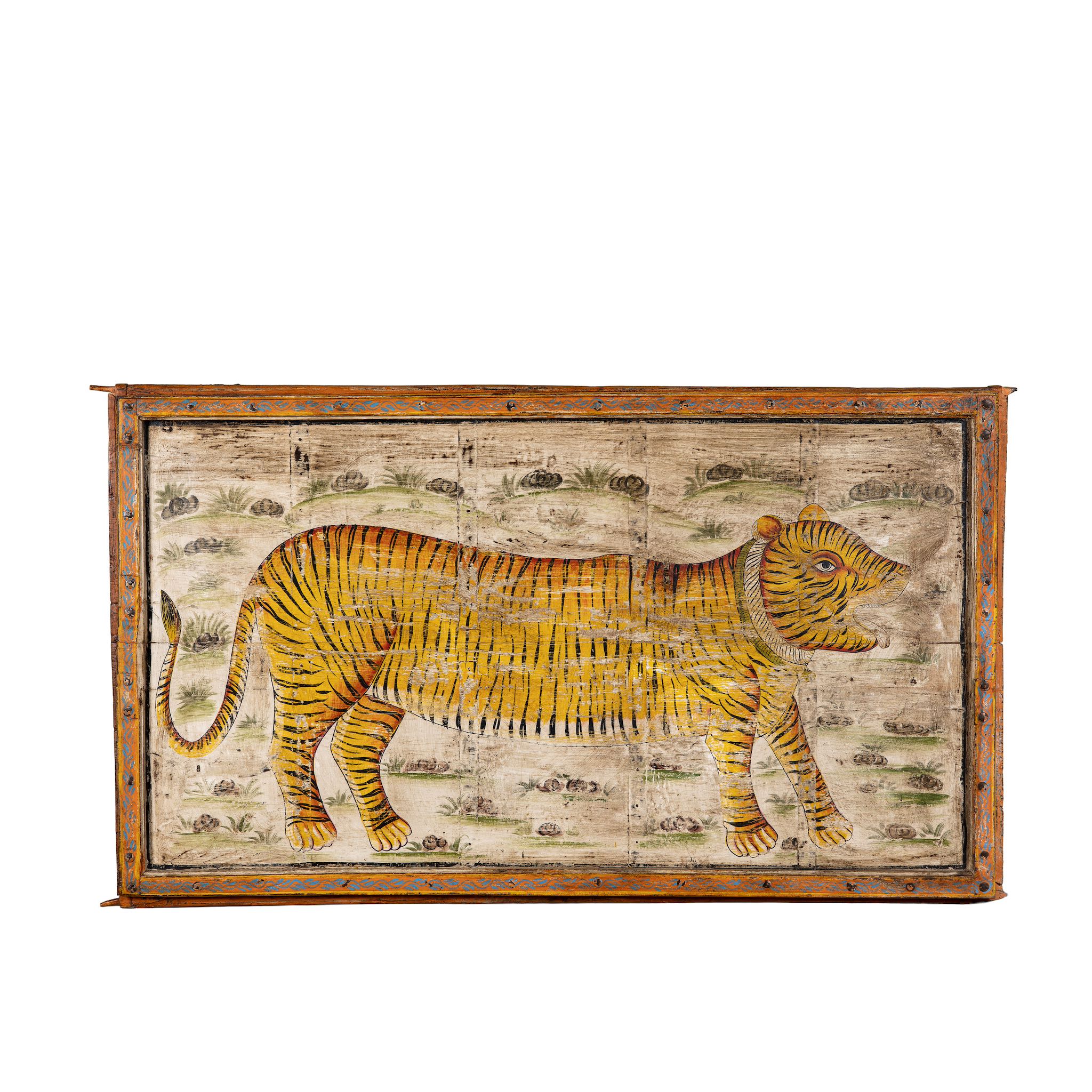 White background image of a hand-painted wooden wall panel with tiger motif, made from reclaimed Indian door; vintage wall panels for boho chic living room décor, 167 × 7 × 100 cm.