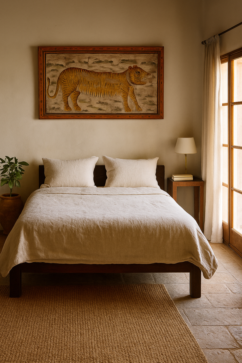 Lifestyle scene of a hand-painted wooden wall panel with tiger motif, made from reclaimed Indian door; vintage wall panels for boho chic living room décor, 167 × 7 × 100 cm.