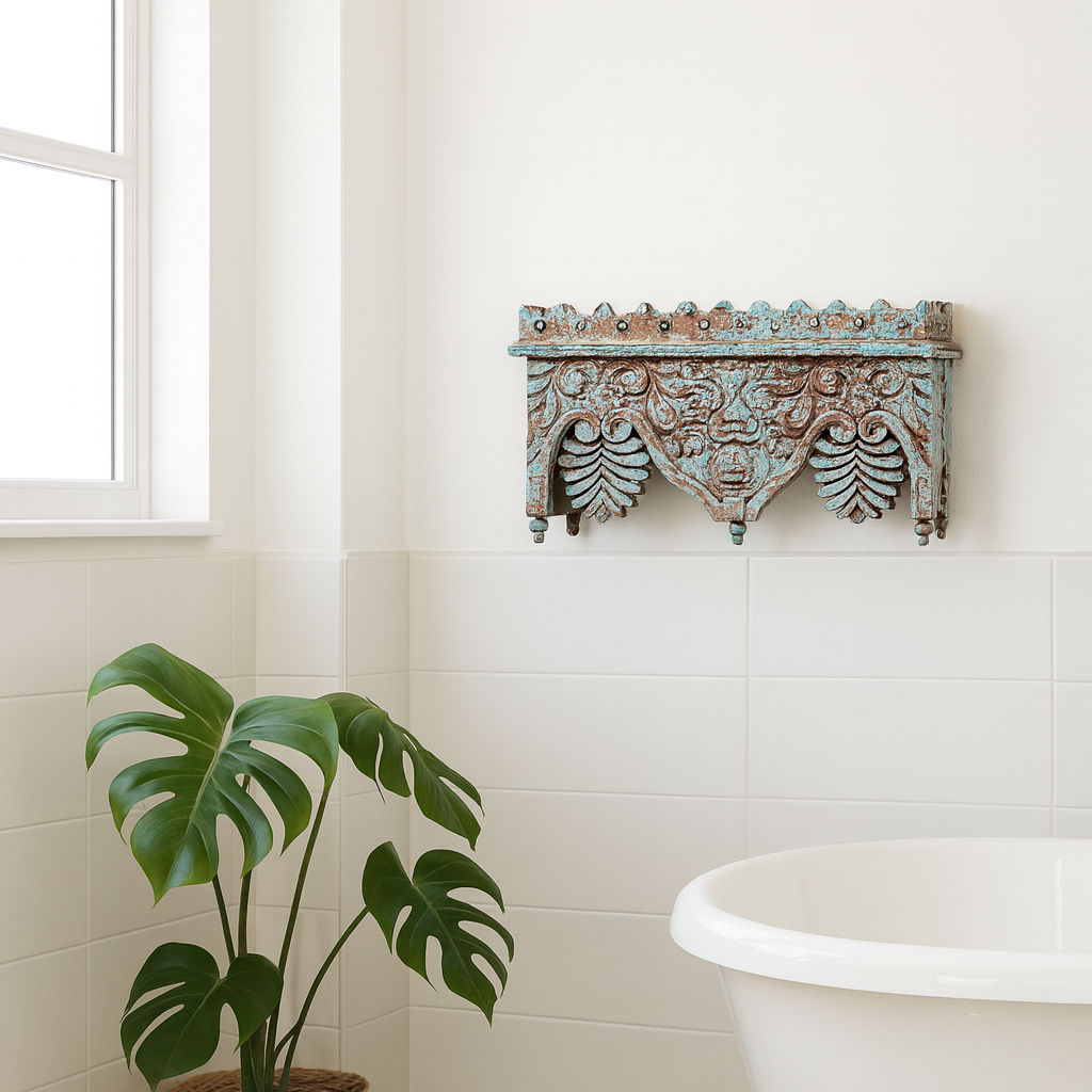 Lifestyle imagination of a  turquoise distressed mango wood shelf with ornate carvings; artisanal furniture and vintage home decor, 60 × 32 × 32 cm.