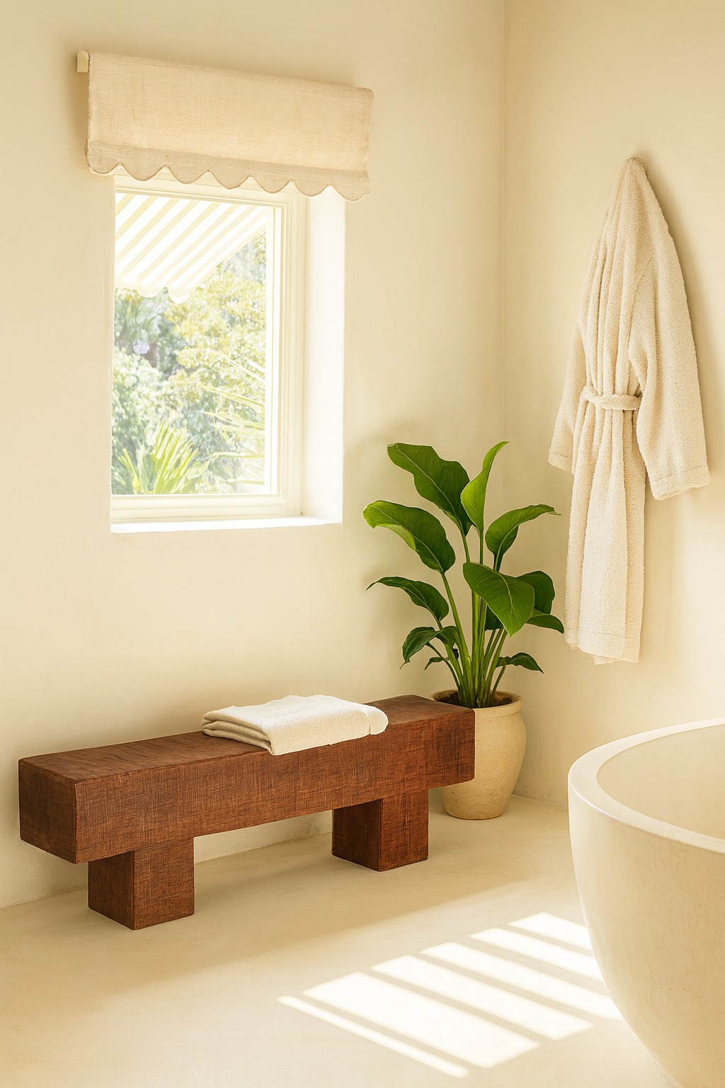 Lifestyle imagination of a Rustic wood bench made of reclaimed wood, full block design, sustainable furniture for hallways, living rooms, or terraces, 120 × 30 × 40 cm.