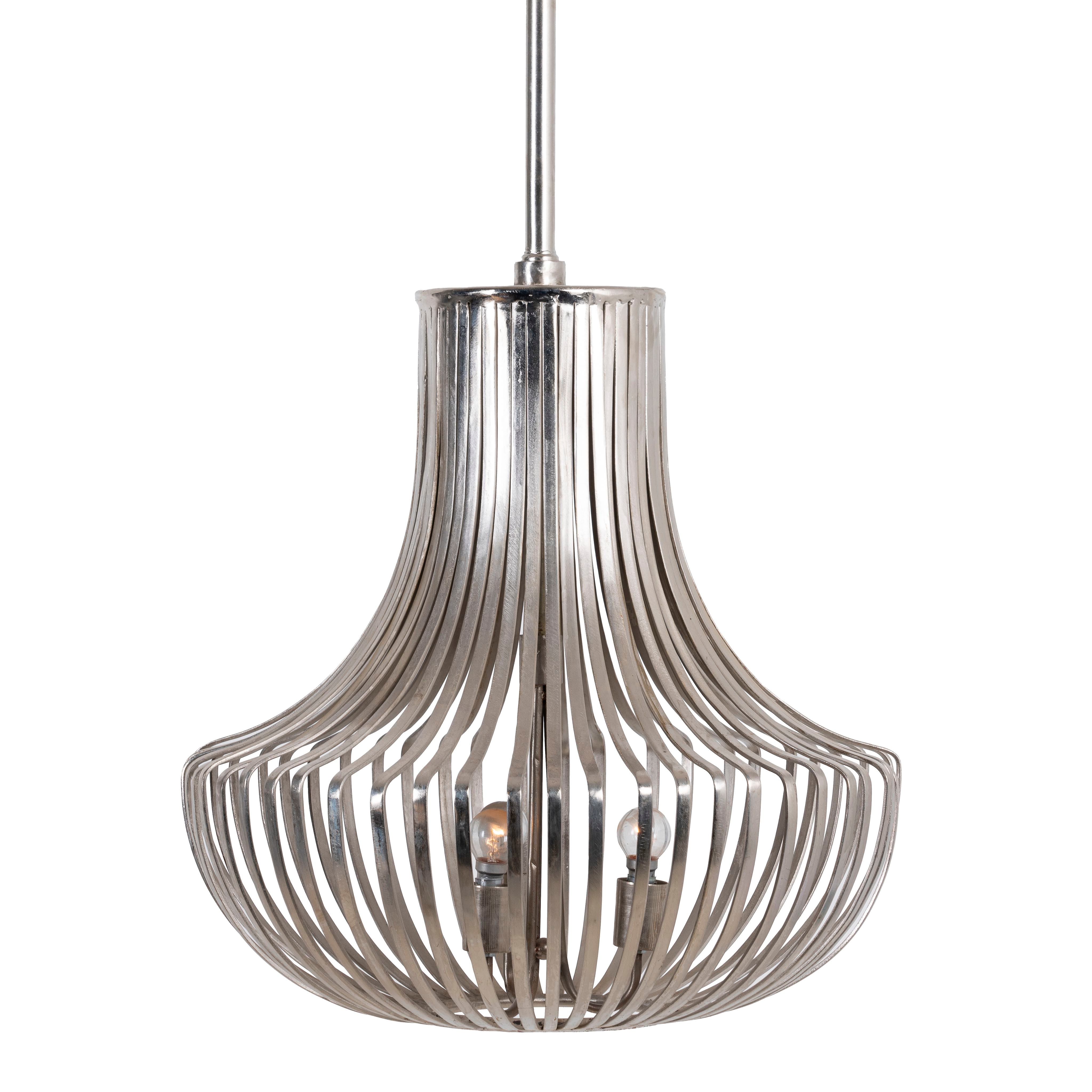 White background image of a large nickel-plated iron frame pendant light with pot-shaped silhouette – rustic style lighting ideal for kitchens, dining areas, and modern interiors.