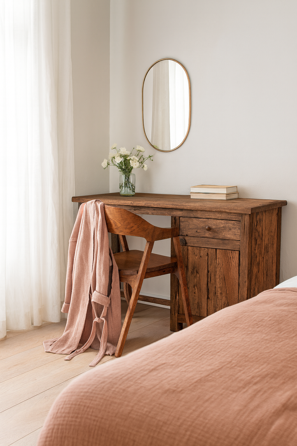 Lifestyle imagination of a rustic minimalist wooden desk made from reclaimed old wood with drawer and cabinet, 130 × 60 × 75 cm.