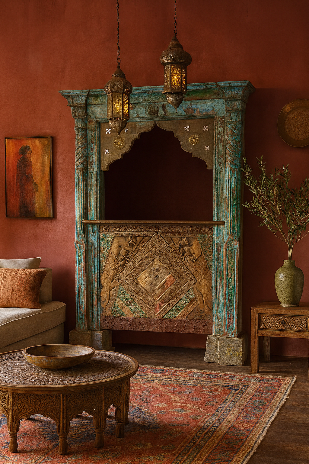 Vintage bar made of reclaimed antique teak wood with hand-carved detailing, unique wooden furniture with storage, 160 × 60 × 213 cm.