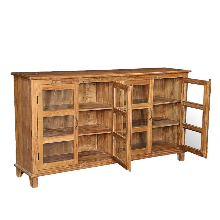 Side angle image with open doors of a recycled teak wood showcase sideboard with four glass-framed doors and six compartments – sustainable teak wood furniture offering timeless design and eco-conscious storage.