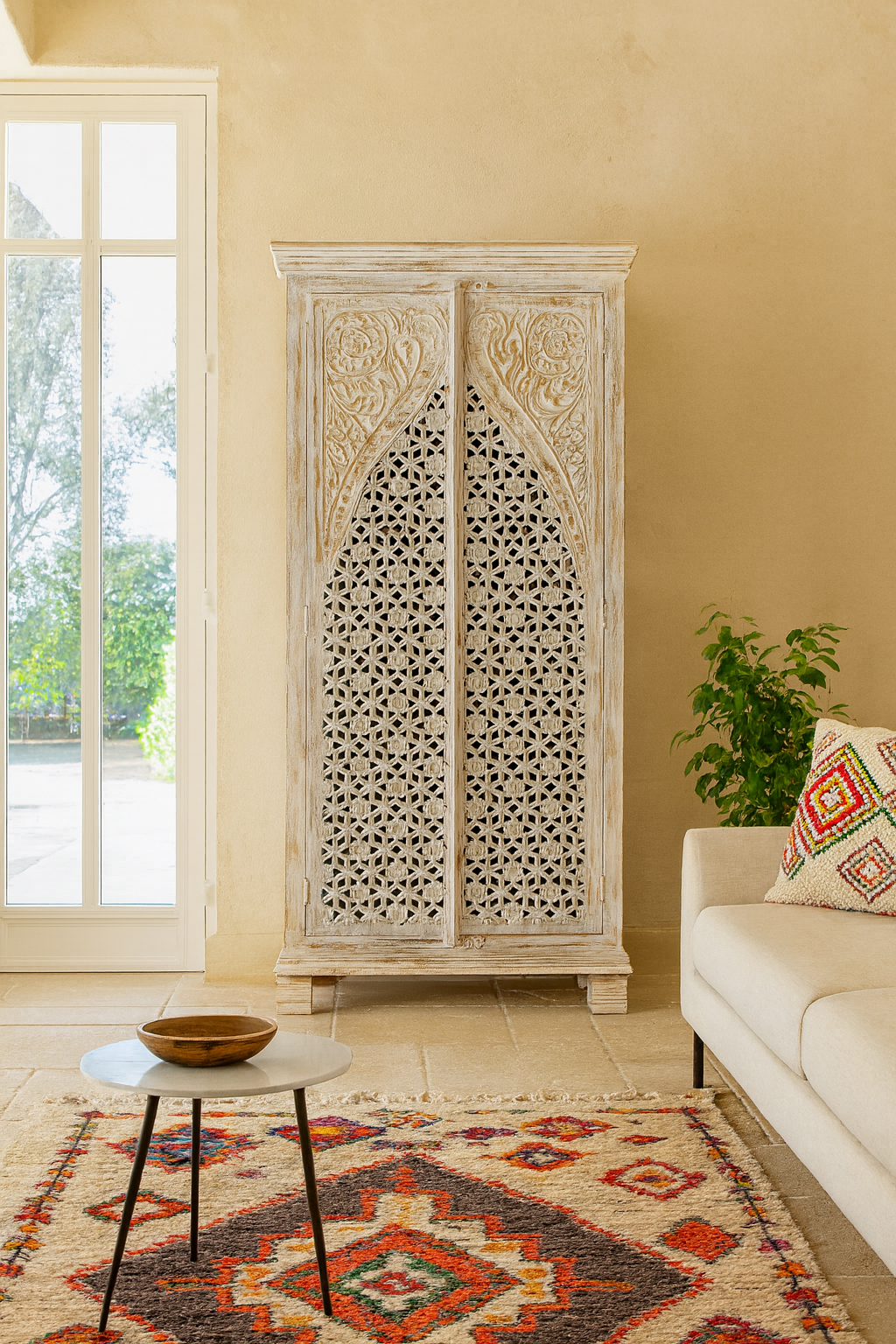 Decorative cabinet with intricate carvings in a living room setting.