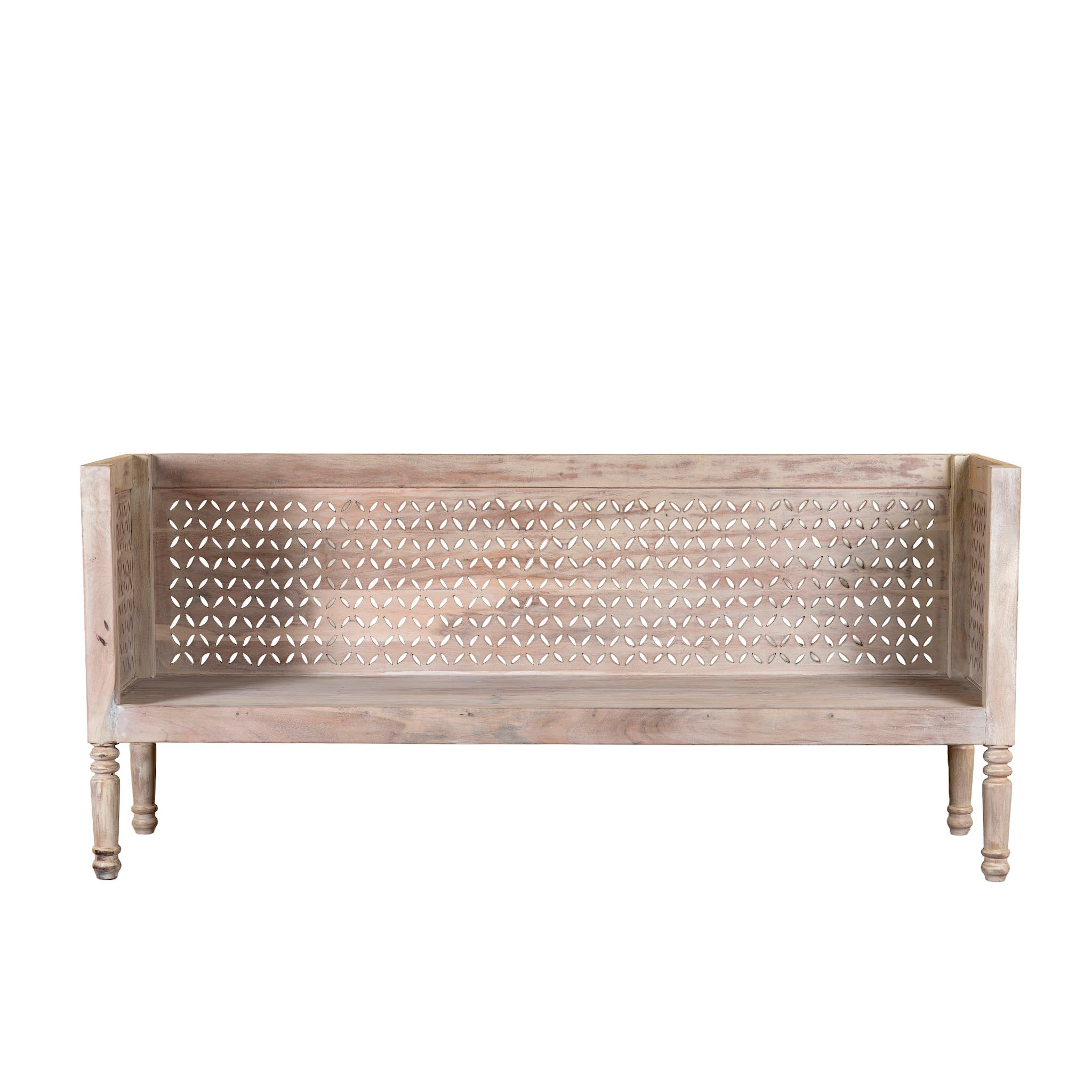 White background image of a hand-carved reclaimed wood bench with geometric backrest design, sandblasted Ibiza style finish, ideal for boho chic living room interiors, 176×56×95 cm.