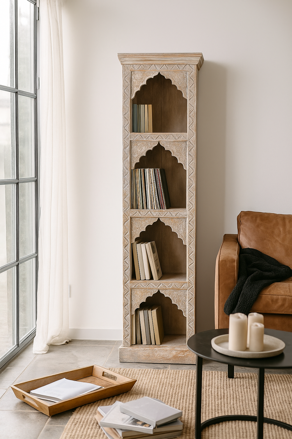 Lifestyle image of a hand-carved mango wood bookshelf with oriental detailing and natural wood finish – carved wooden furniture and vertical shelving for refined, rustic interiors.