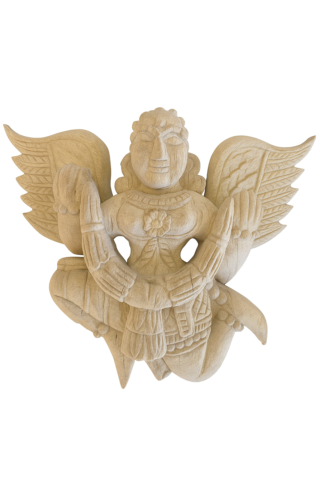 White background image of a hand-carved Indian deity wall sculpture with wings, made from reclaimed wood