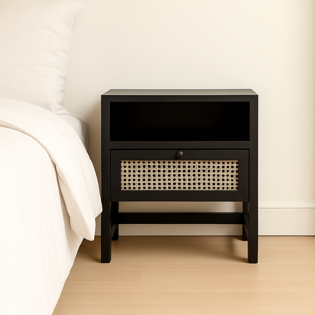 Lifestyle imagination of a mango wood night stand with rattan inserts; artisanal rattan furniture, 60 × 35 × 60 cm.