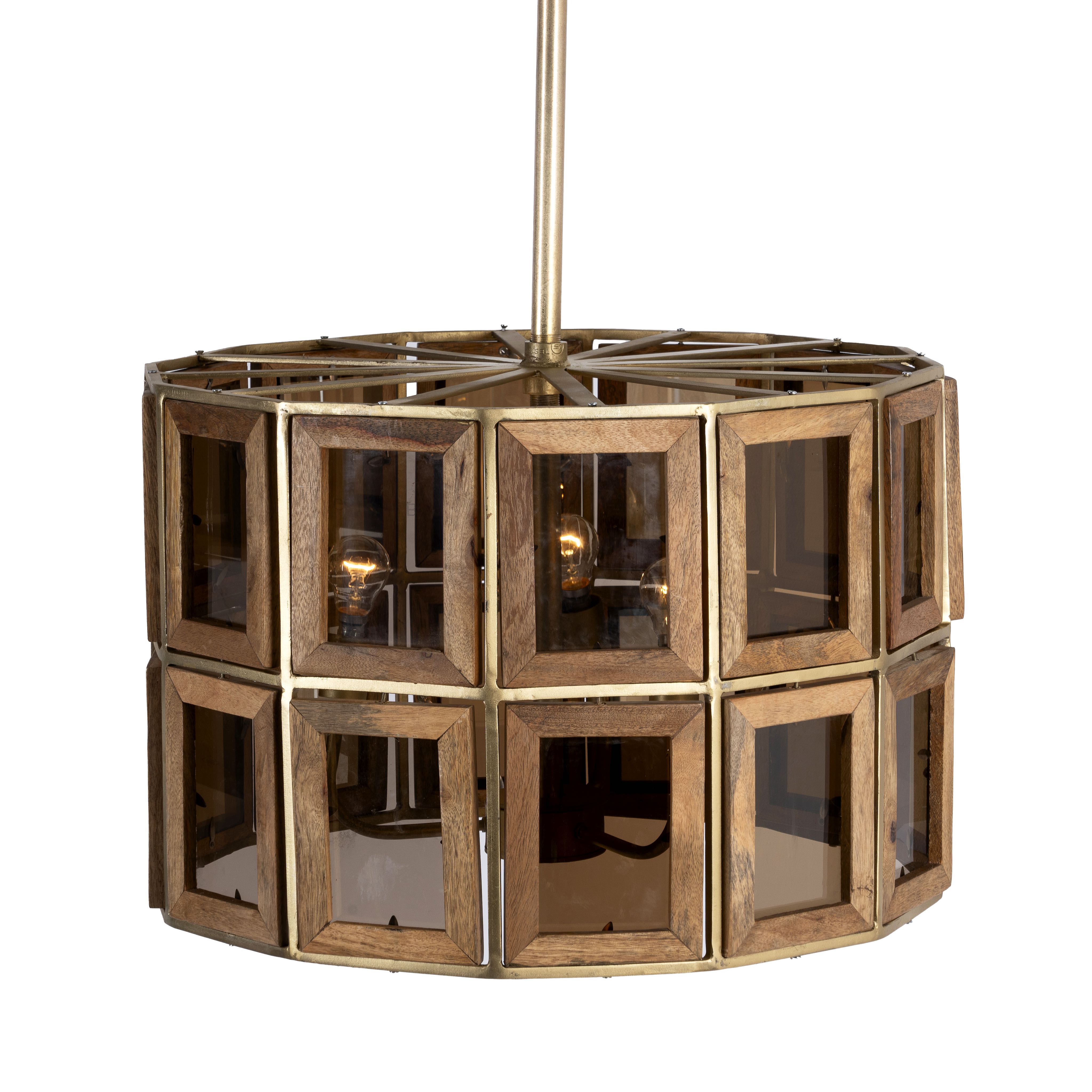 White background image of a octagon-shaped wooden pendant lamp with antique brass accents – handcrafted wooden lamp for industrial style lighting in dining or living spaces.