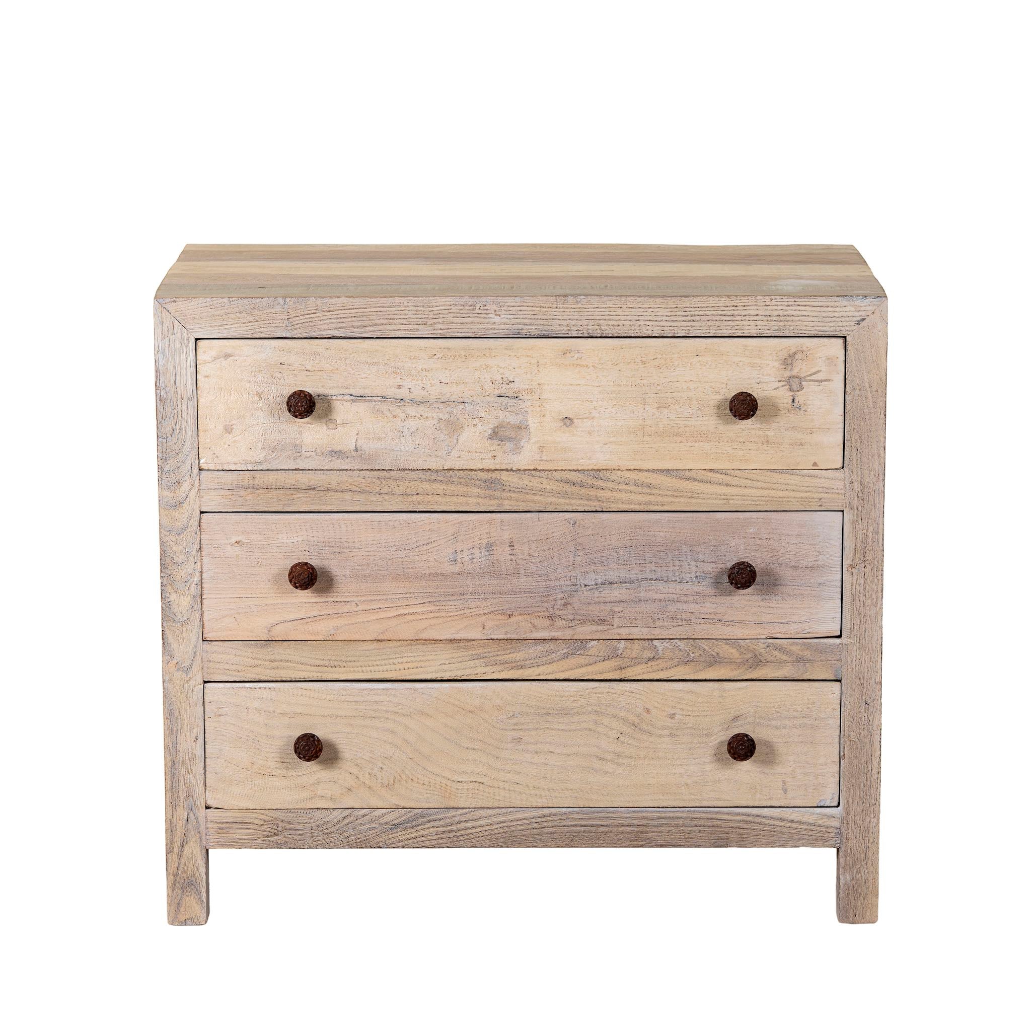 White background image of a reclaimed wood chest of 3 drawers with rustic finish and round knobs; Ibiza style sustainable furniture, 90 × 50 × 80 cm.