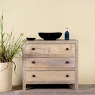 Reclaimed wood chest of 3 drawers with rustic finish and round knobs; Ibiza style sustainable furniture, 90 × 50 × 80 cm.