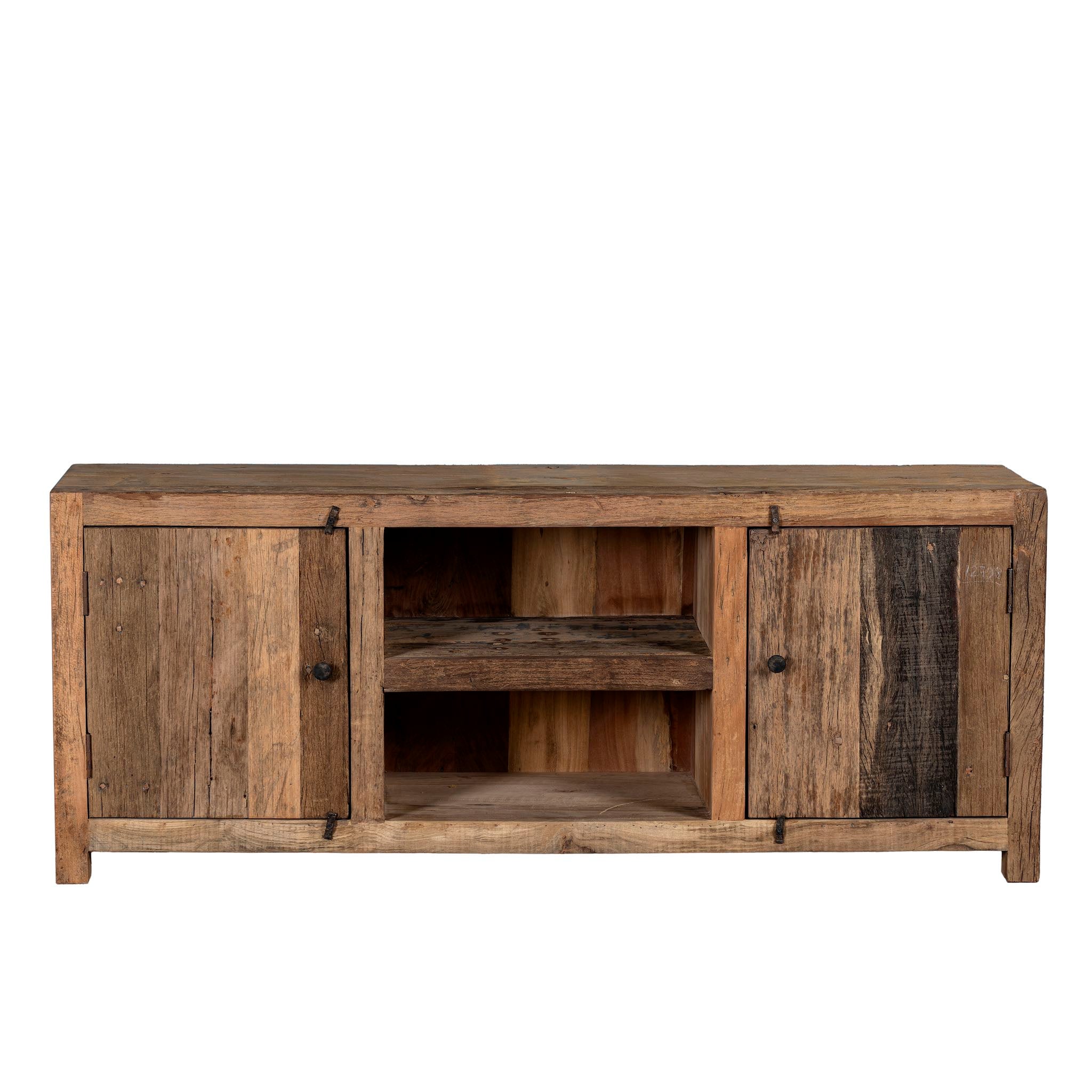 White background image of a Driftwood lowboard made from reclaimed wood with two cabinets, open shelving, and rustic minimalist design, 150 × 40 × 60 cm.