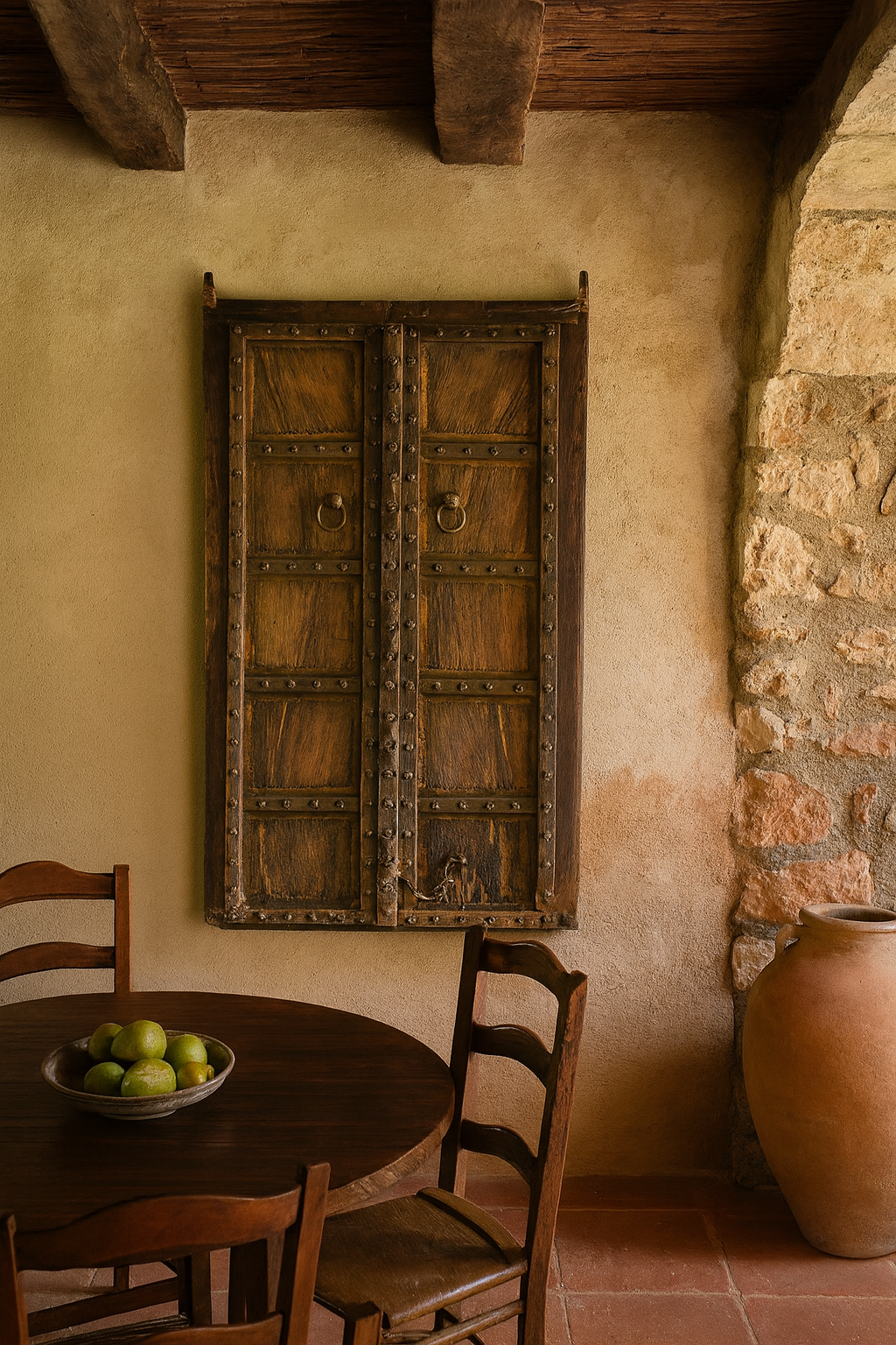 Rustic interior with wooden door, table, and chairs.