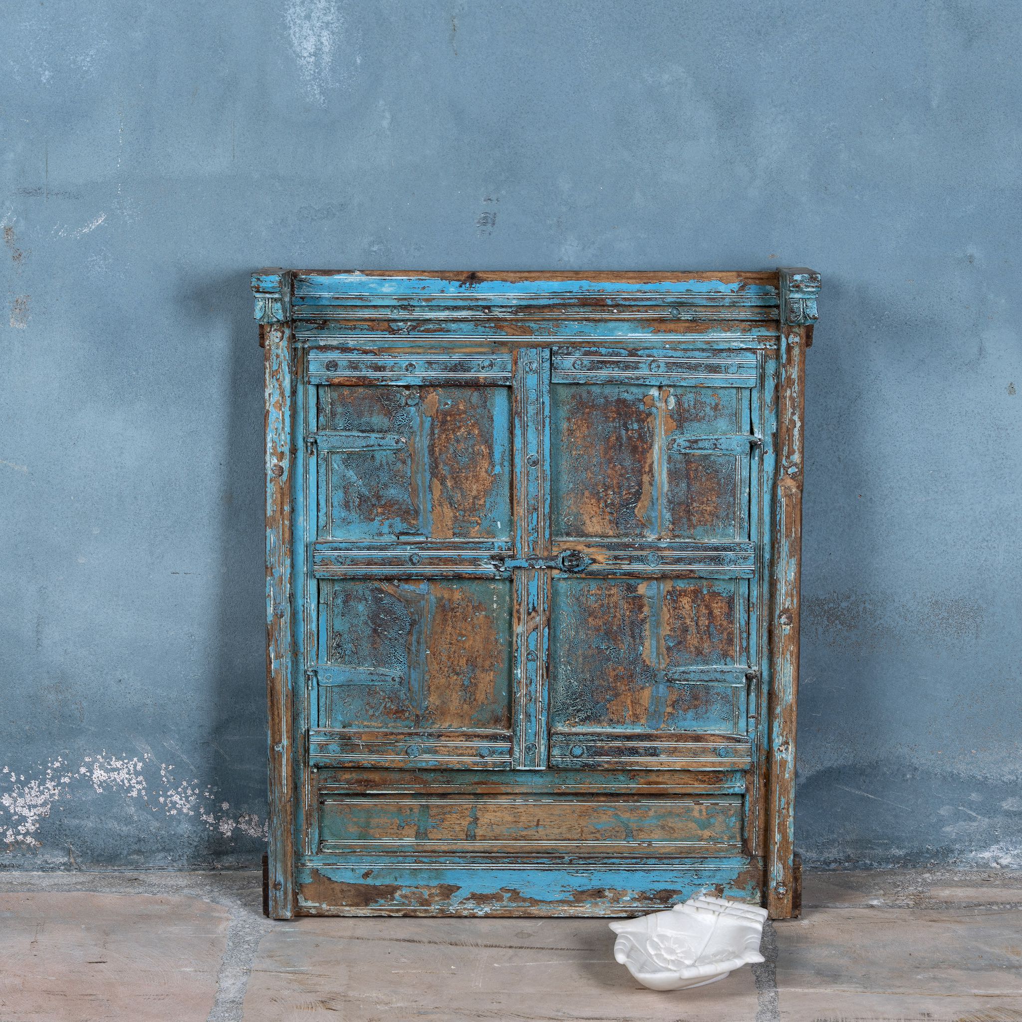 Jenika antique teak window mirror with blue paint and shutters, vintage wall panel design from our vintage home accessories range.