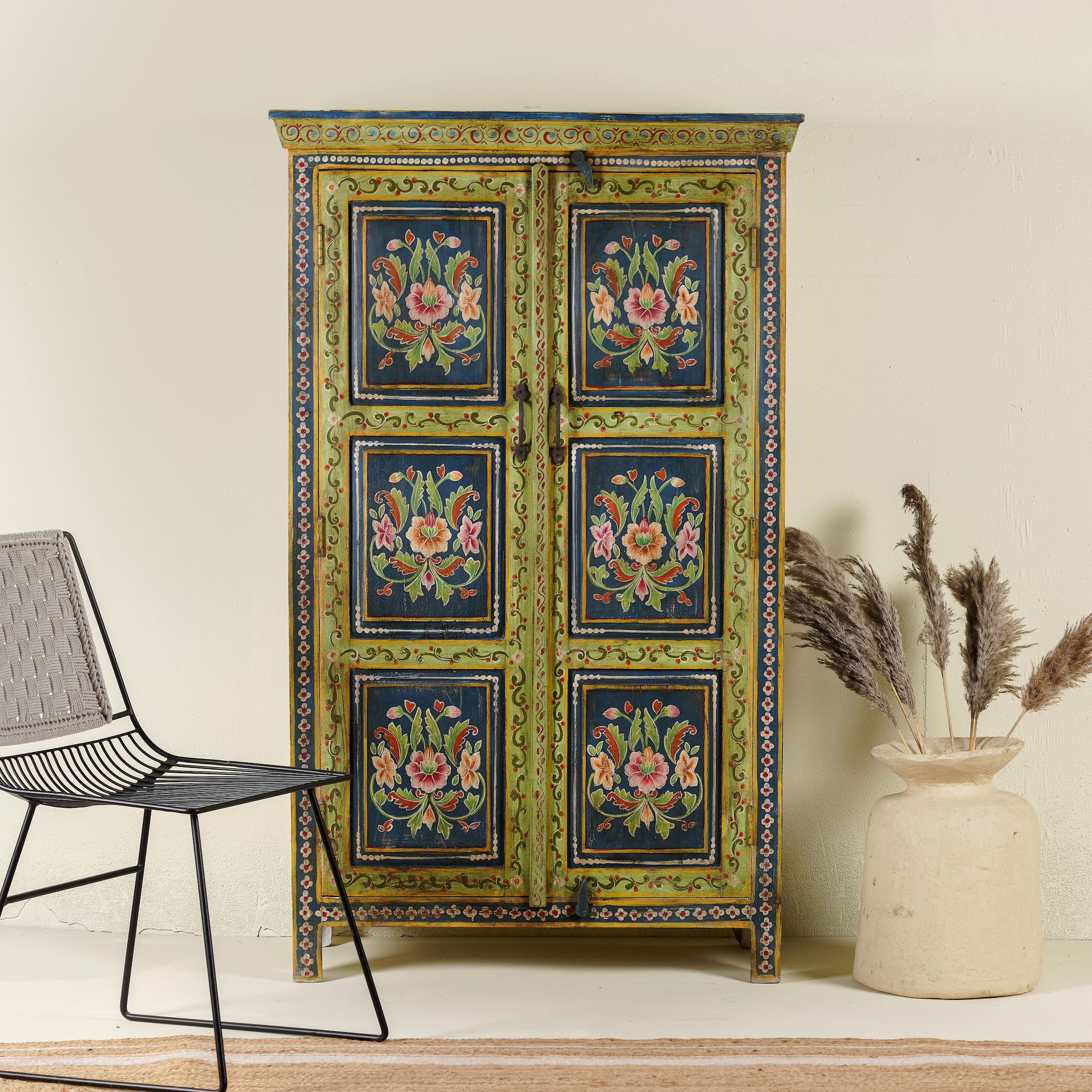 Hand painted wardrobe made of reclaimed wood with floral motifs; unique furniture for bedrooms or living rooms, 90 × 45 × 150 cm.