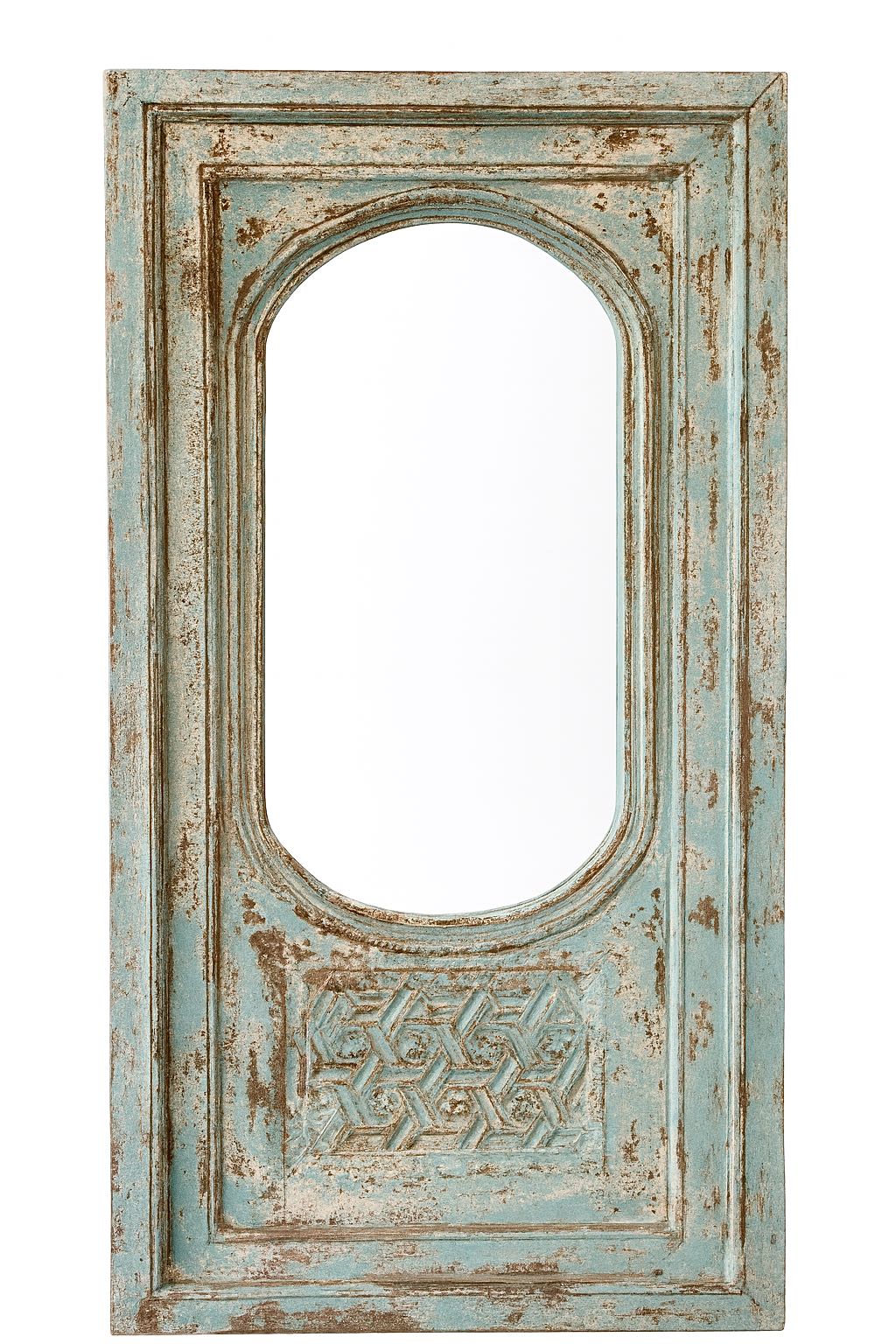 White background image of a tall vintage wall mirror with hand-carved mango wood frame; rustic hand carved mirror, 86 × 160 × 5 cm.