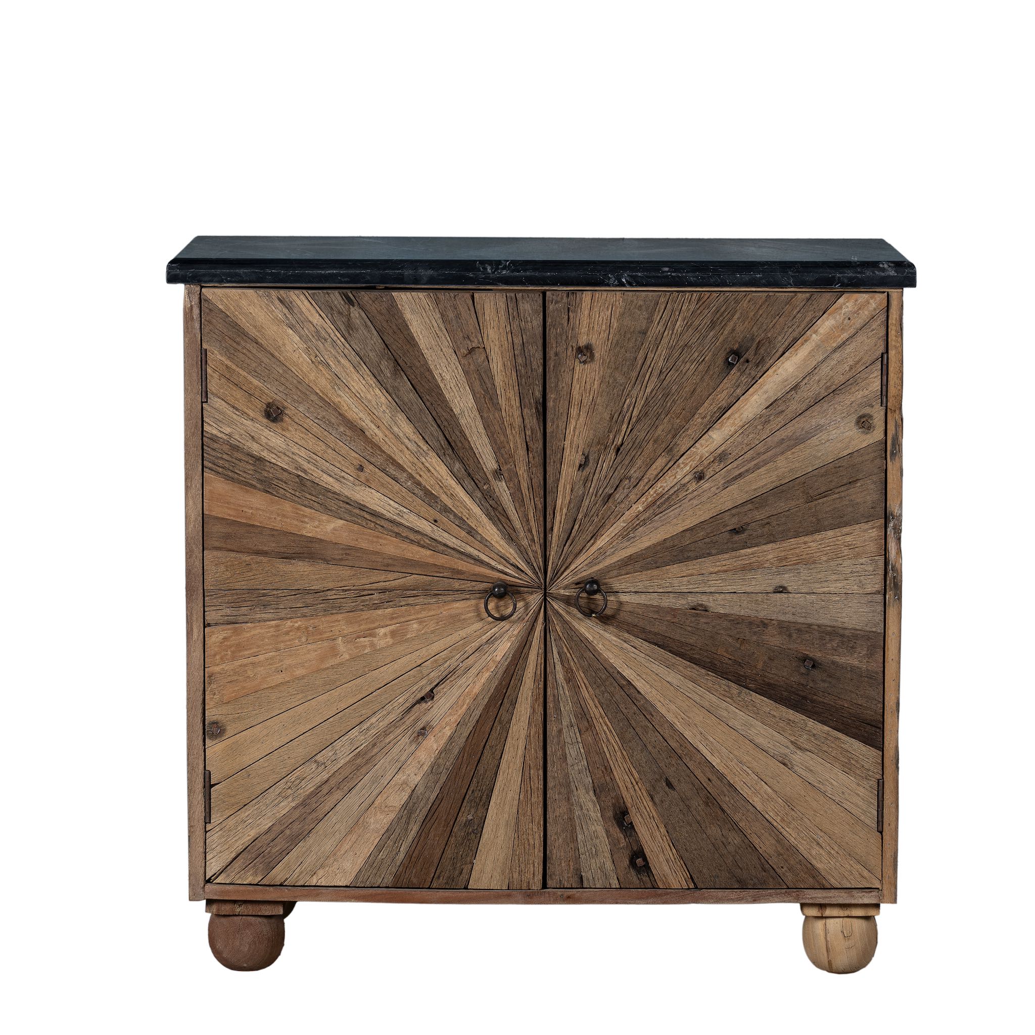 White background image of a reclaimed wood sideboard with sunburst carved doors, sliding black marble top, and rustic finish, ideal for rustic interior design.