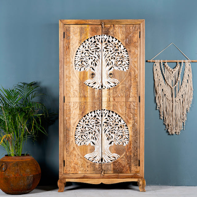 Artisanal Tree of Life furniture wardrobe with whitewashed carvings, handcrafted mango wood with four storage compartments, 90 × 40 × 180 cm.