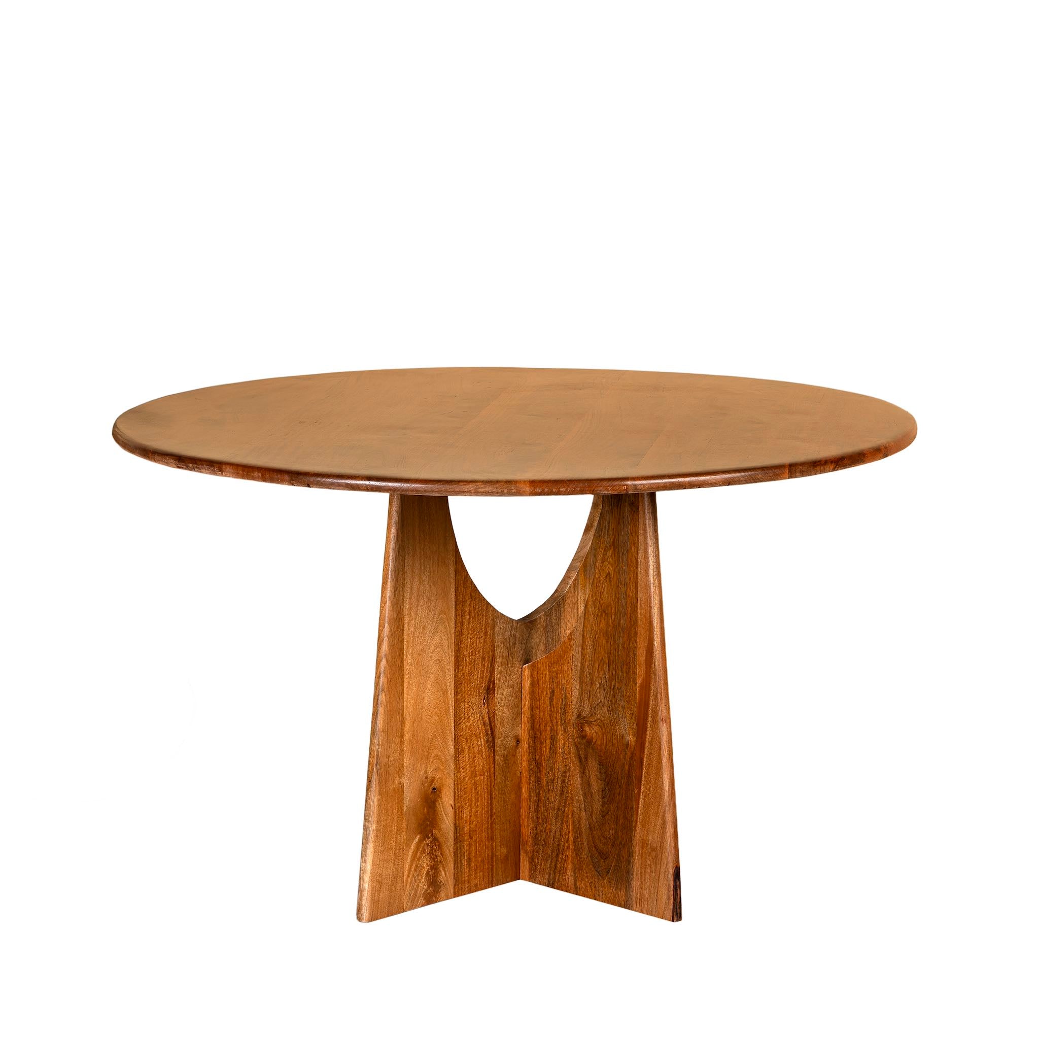 White background image of a round mango wood dining table with natural grain and sturdy base; solid wooden dining table for dining rooms, 130 cm diameter × 100 cm height.