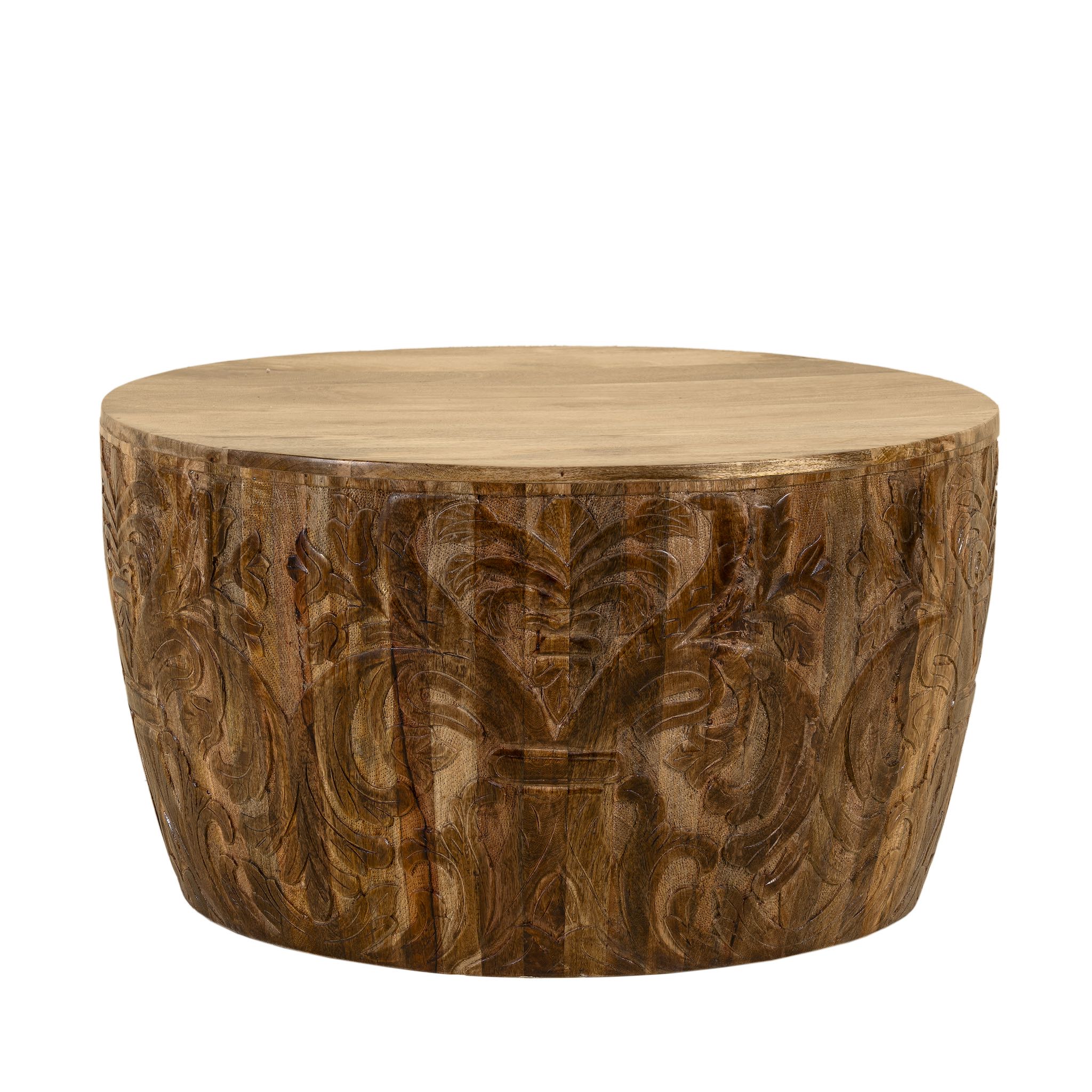 White background image of a round mango wood coffee table with hand-carved detailing and natural finish; rustic carved coffee table, 90 cm diameter, 52 cm height.