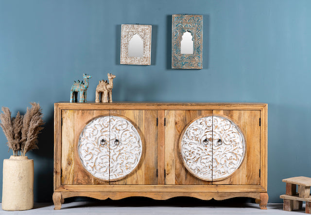 Carved wood furniture sideboard with whitewashed floral design, mango wood cabinet for boho chic living room, 180 × 40 × 90 cm.