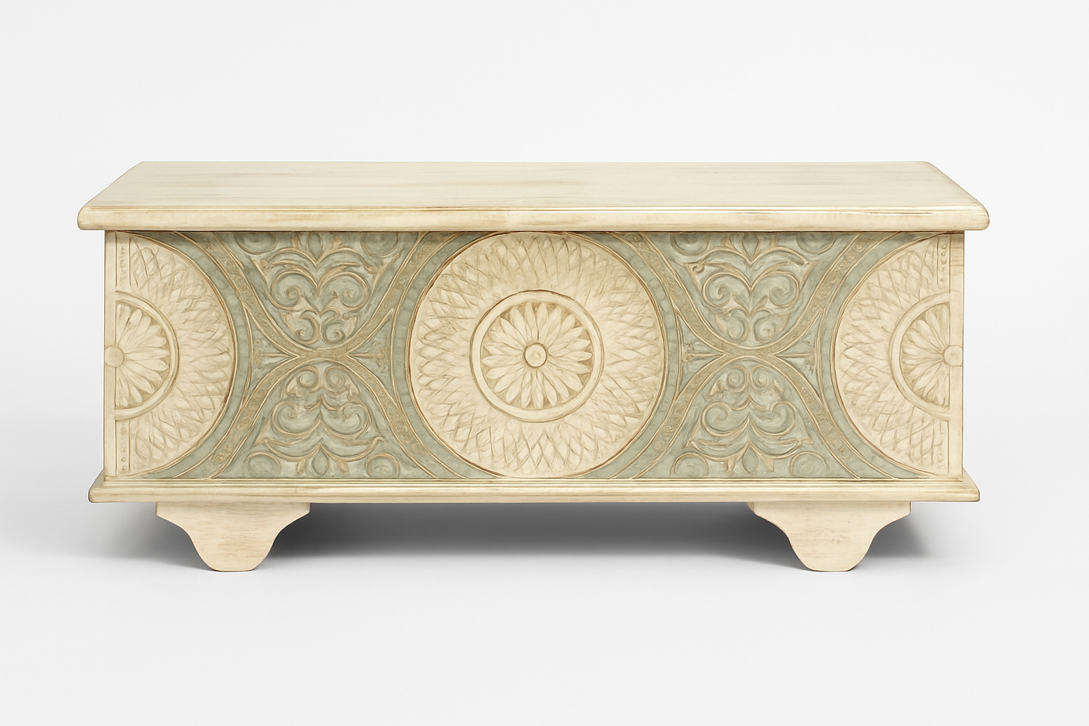 White background image of a hand-carved mango wood vintage chest with whitewashed finish and iron fittings – elegant storage for bohemian or rustic interiors.