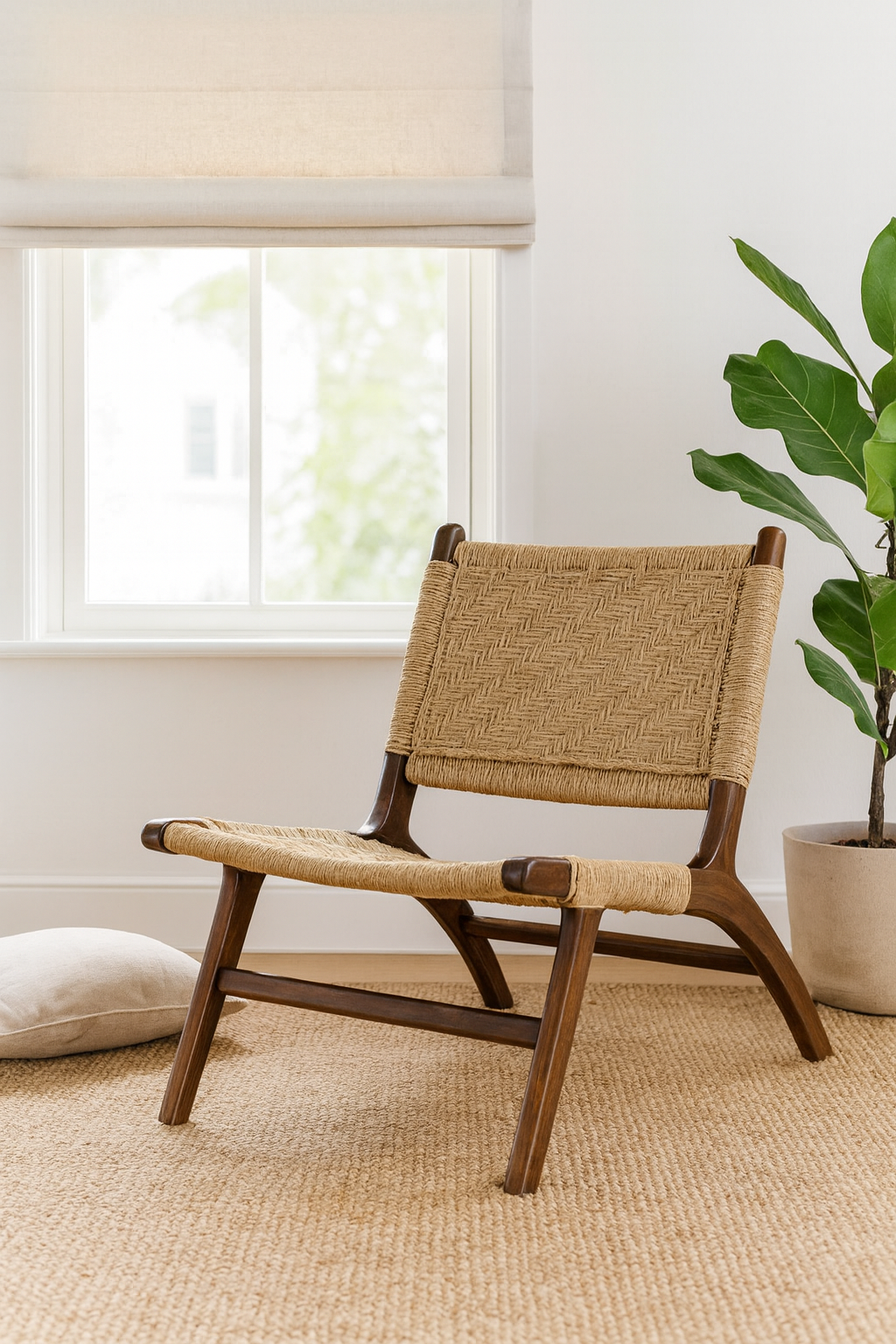 Lifestyle imagination of an acacia wood chair with handwoven cotton rope seat and backrest; rustic wooden armchair for living rooms or lounges, 60 × 80 × 95 cm.