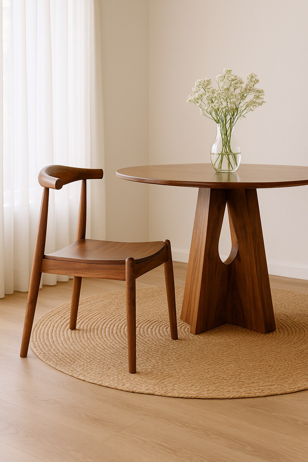 Lifestyle imagination of an acacia wood chair with sculptural backrest, minimalist wooden armchair for dining or living rooms, 50 × 50 × 90 cm.