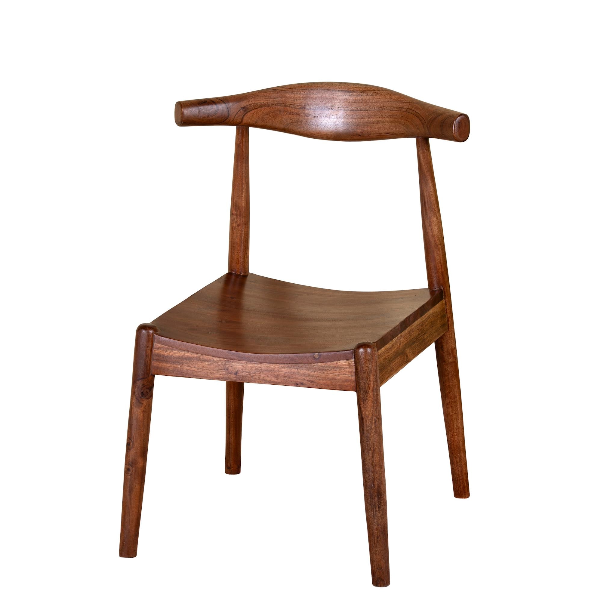 White background image of an acacia wood chair with sculptural backrest, minimalist wooden armchair for dining or living rooms, 50 × 50 × 90 cm.