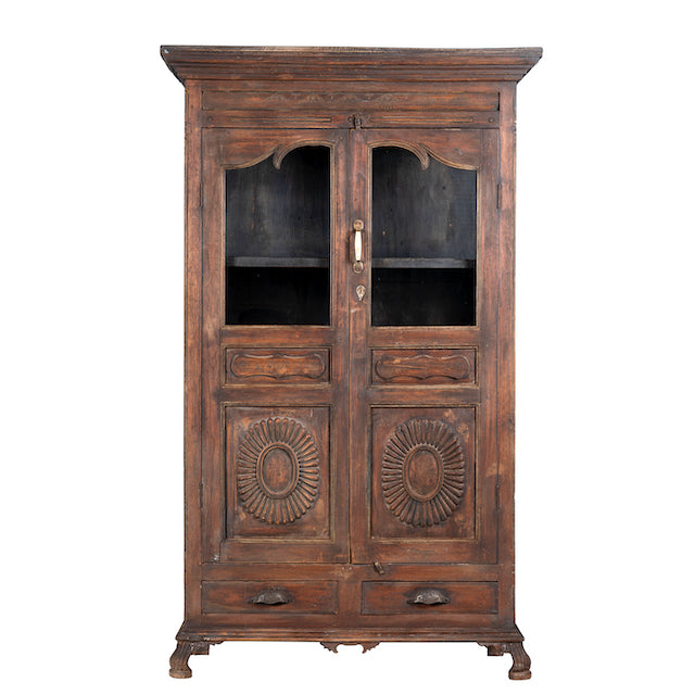 White background image of a reclaimed teak wood display cabinet with glass doors – unique Indian furniture with natural wax finish and timeless craftsmanship.