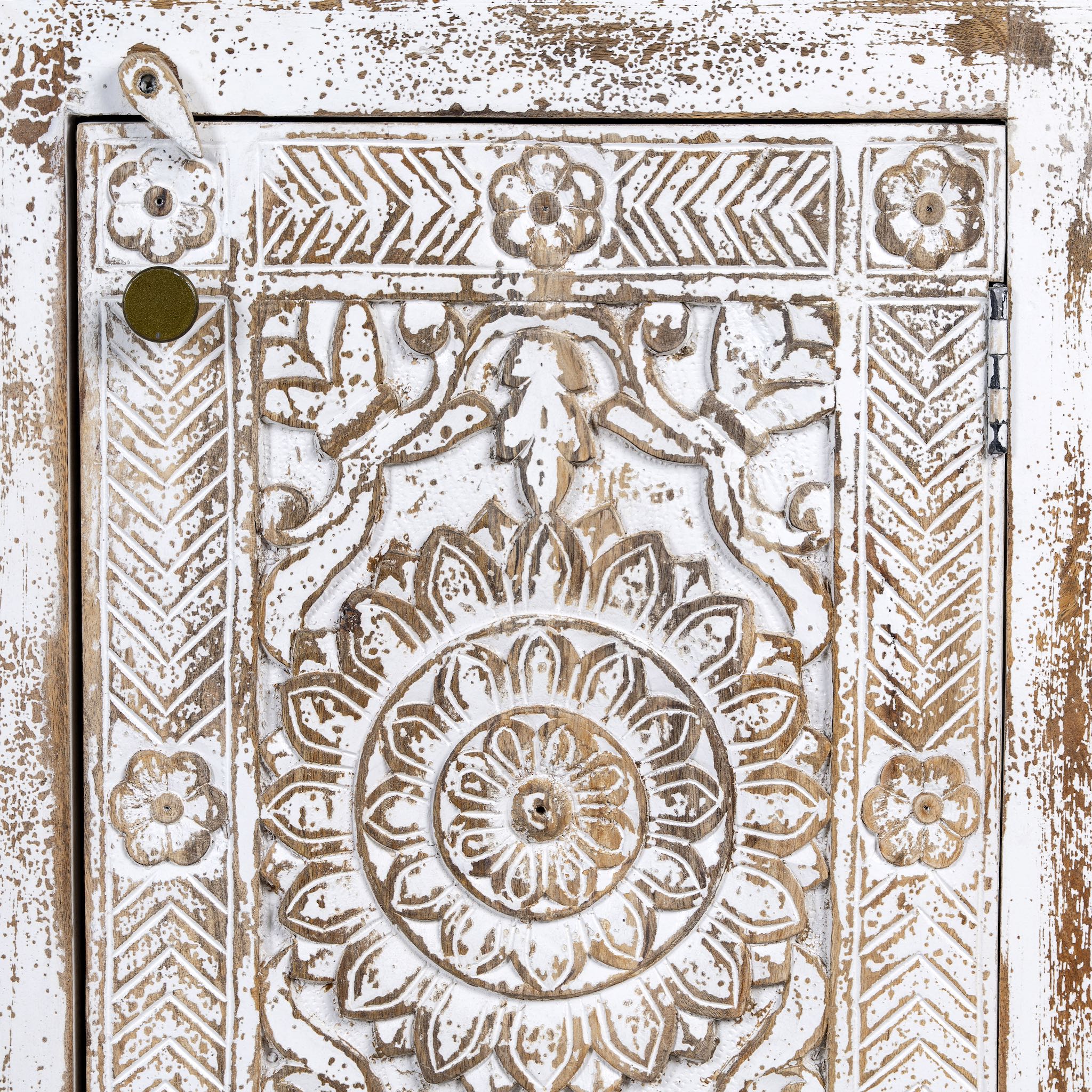 Close up image o a pair of whitewashed reclaimed wood nightstands with intricately carved mandala and floral patterns, handcrafted in rustic vintage style