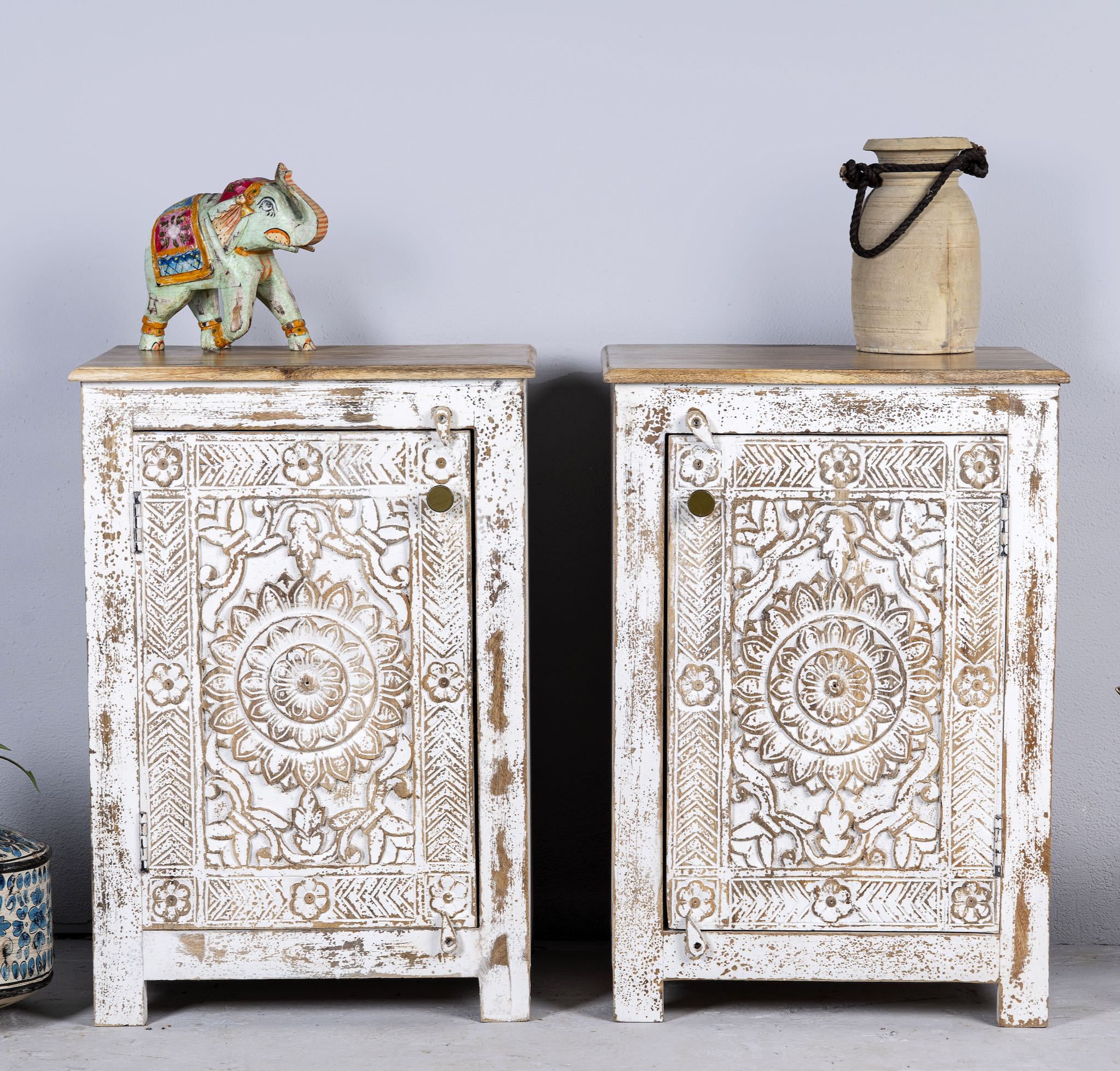 Kum nightstands set of two, sustainable furniture for bedroom with hand-carved mandala floral patterns in whitewashed reclaimed wood, 50 × 40 × 72 cm.