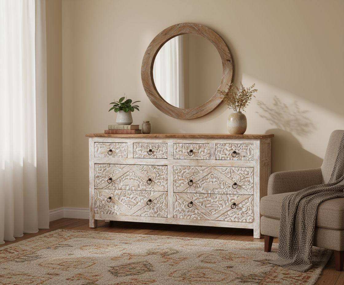 Lifestyle imagination of a hand-carved mango wood sideboard with elephant motifs and whitewashed finish; ideal for vintage home decor, 153 × 80 × 40 cm.