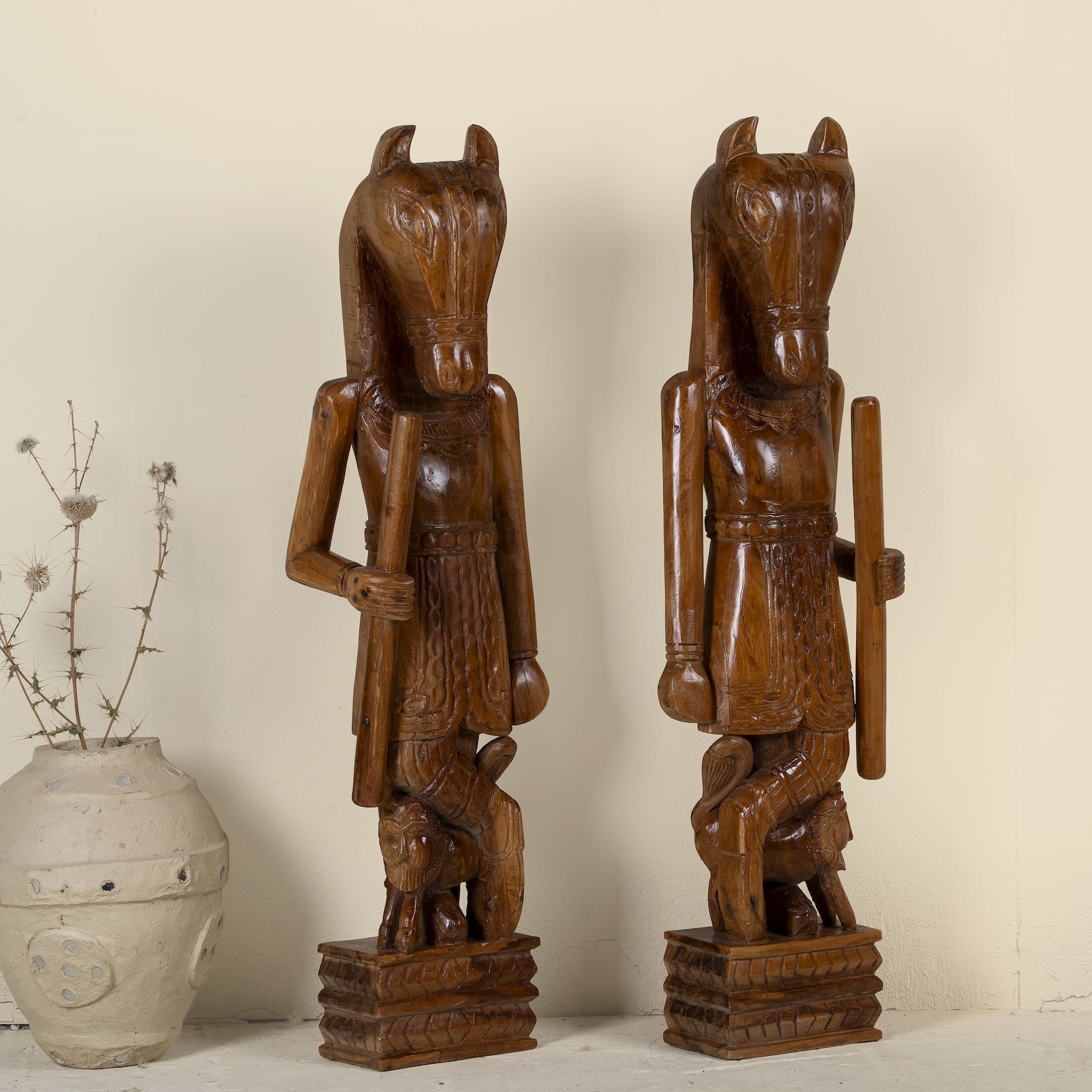 Hand-carved Indian house guardian statue in exotic style, made from reclaimed wood; sustainable furniture, 40 × 20 × 120 cm.
