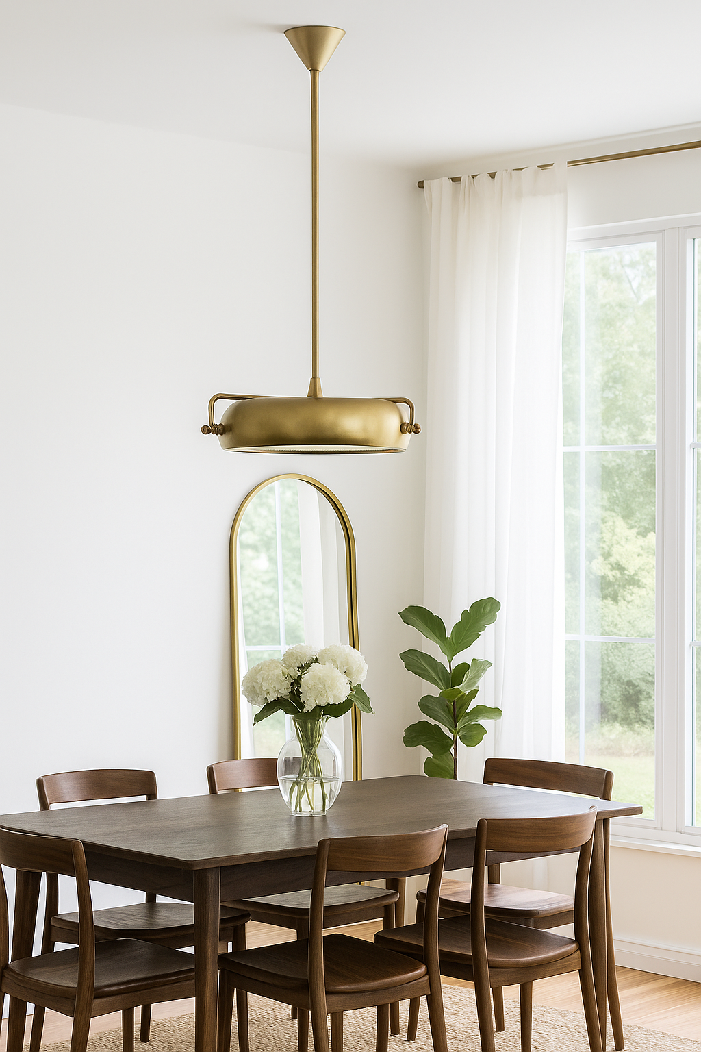 Lifestyle image of a round artsy pendant lamp with clear hand-blown glass and brass-plated iron frame – retro lighting piece ideal for kitchens, dining rooms, or living areas.