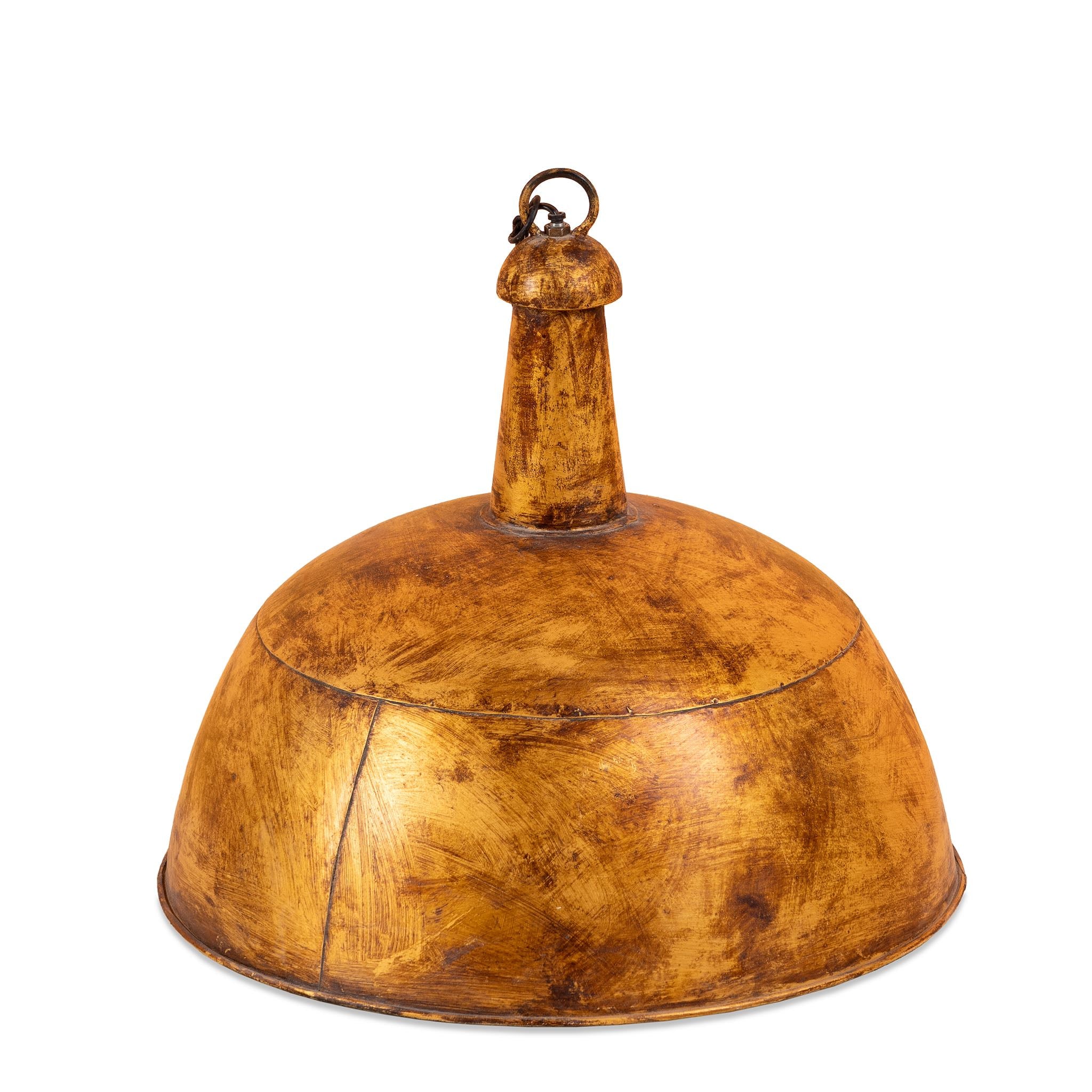 White background image of a gold-coloured iron pendant light with distressed finish – a handcrafted vintage lighting piece featuring a domed iron lamp shade.